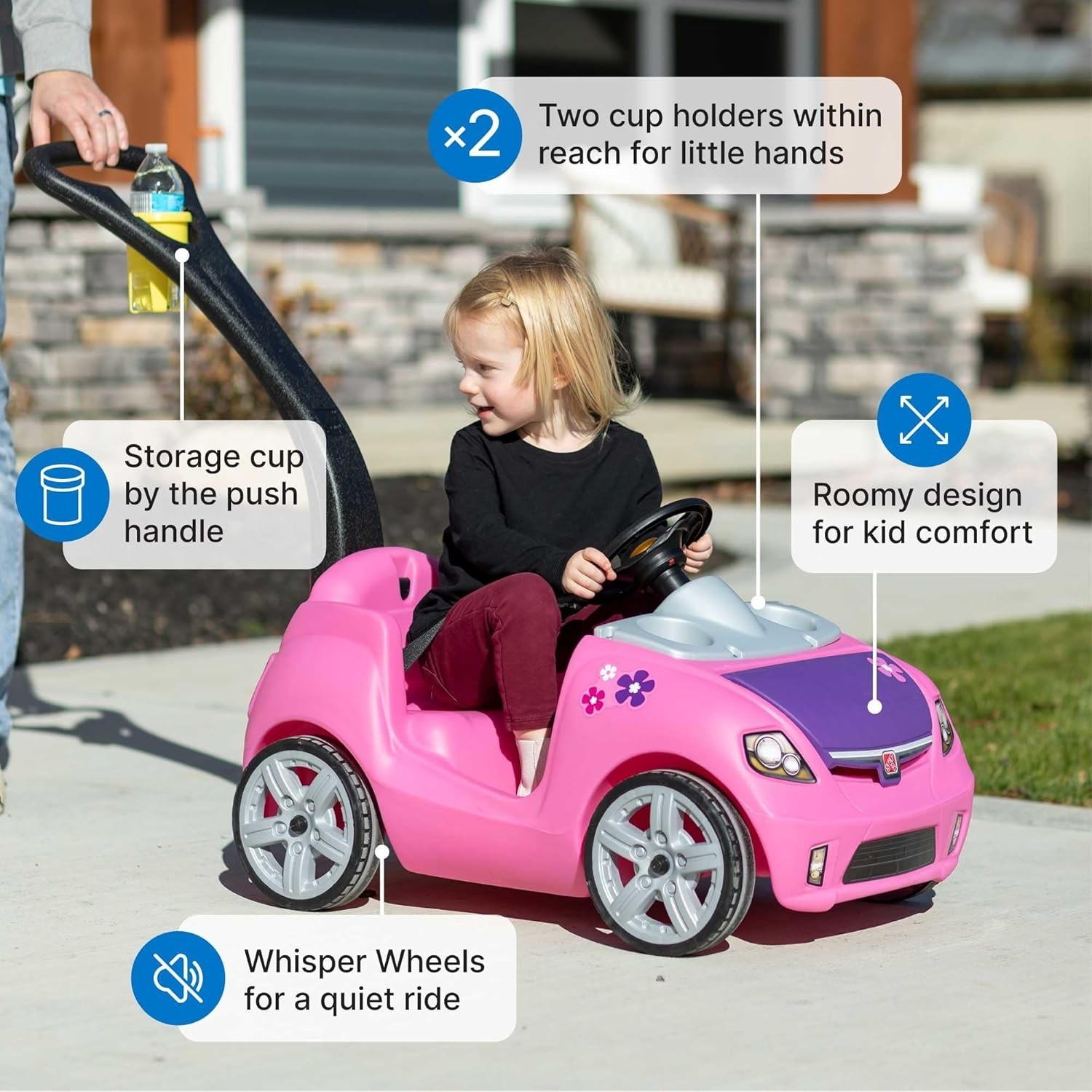 Whisper Ride II Kids Push Car – Toddler Ride-On Toy with Safety Seat Belt, Pink