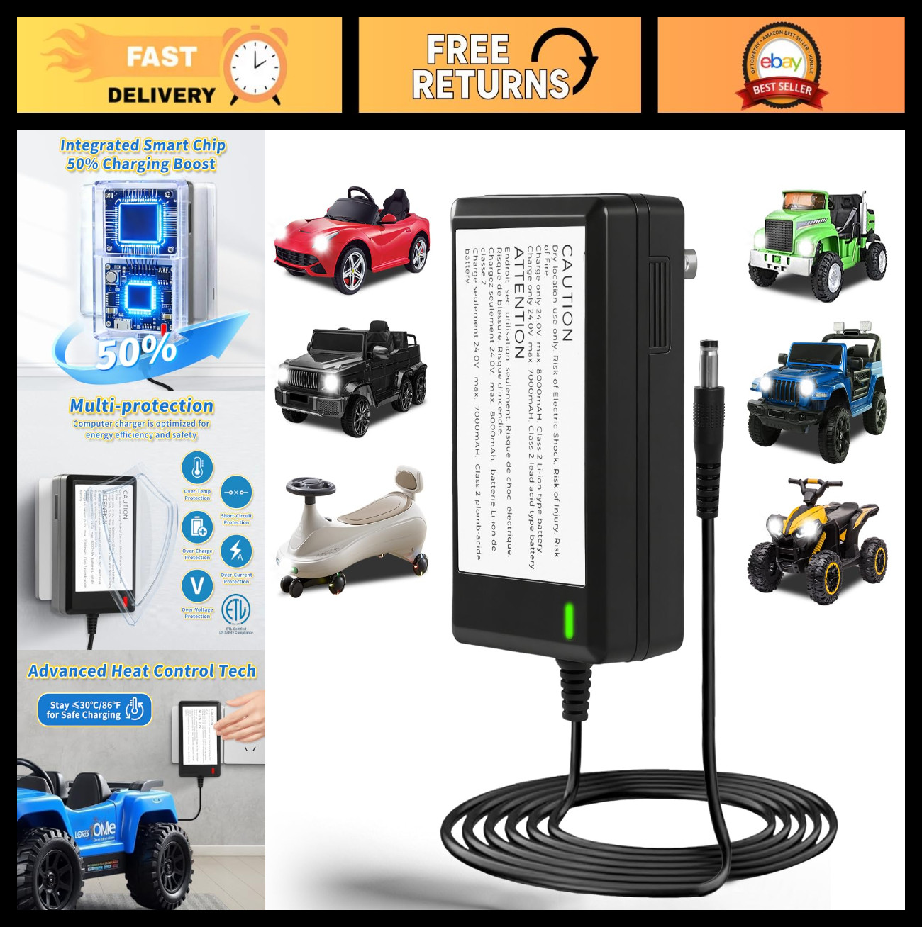 24V Universal Battery Charger for Kids Ride-On Toys, 6ft Cord, ETL Safety Approv