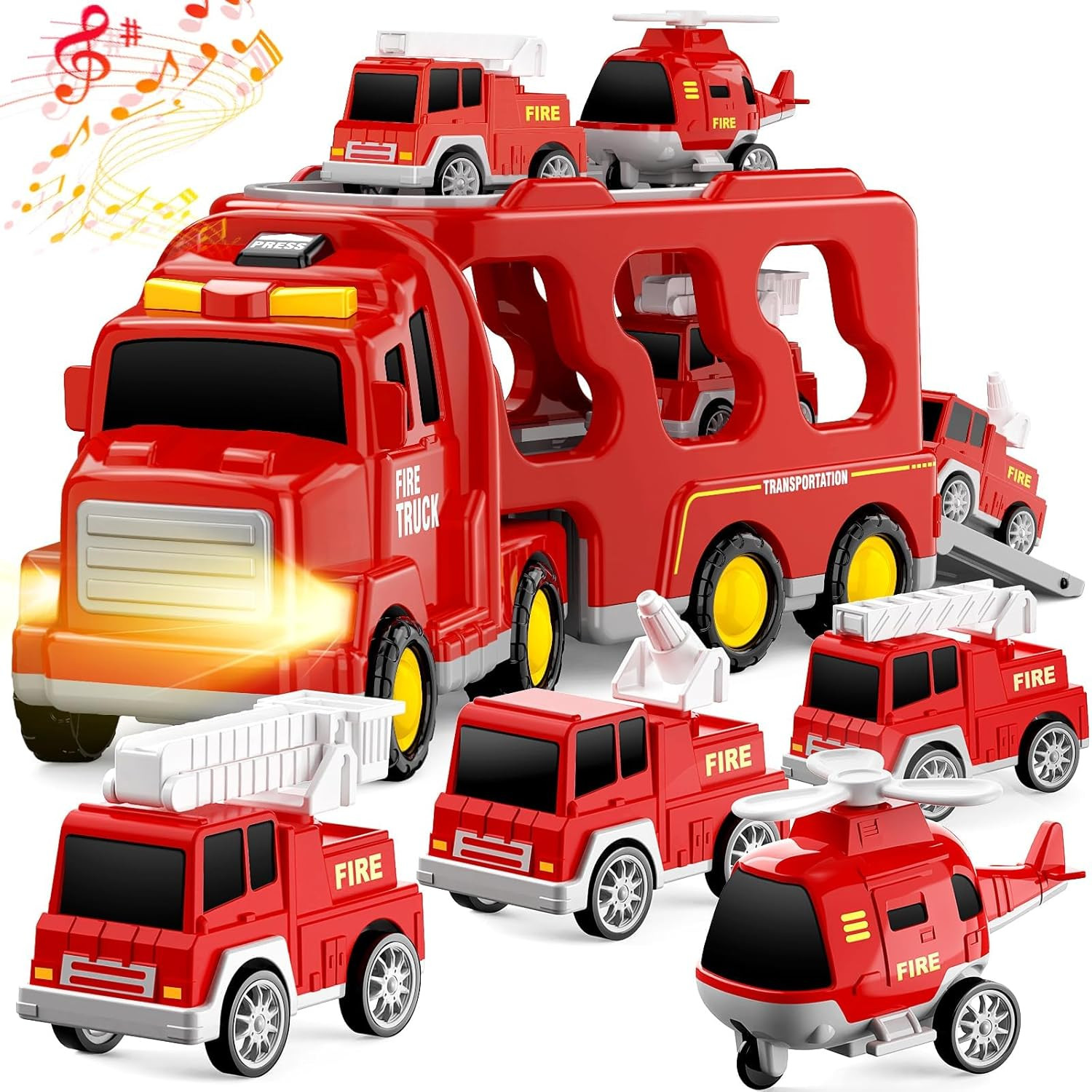 Toddlers Fire Truck for Kids 3-9 Year Old，5 in 1 Friction Power Vehicle Car for
