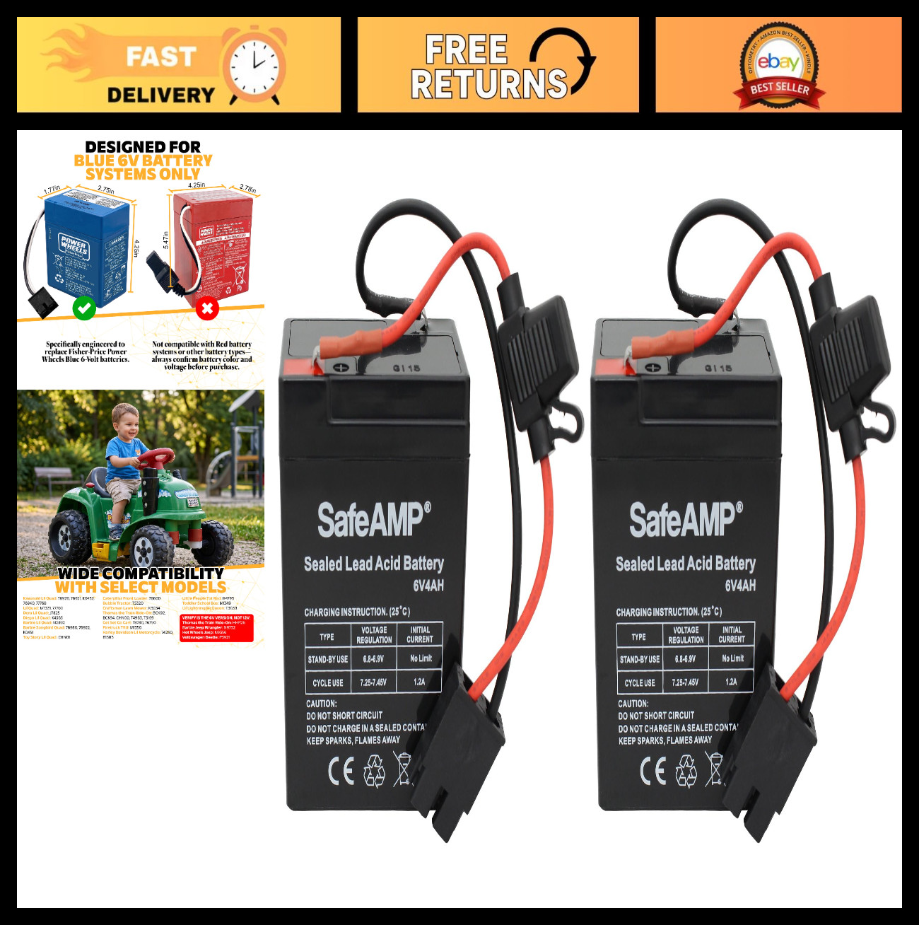 2 Pack 6V Replacement Battery for Fisher-Price Power Wheels, 4Ah, Blue Color Onl