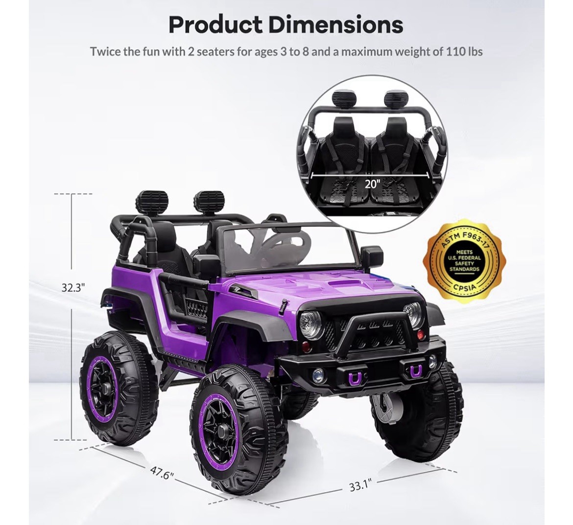 24V children’s stroller, 2 seats, 4-wheeled truck for big children with maximum