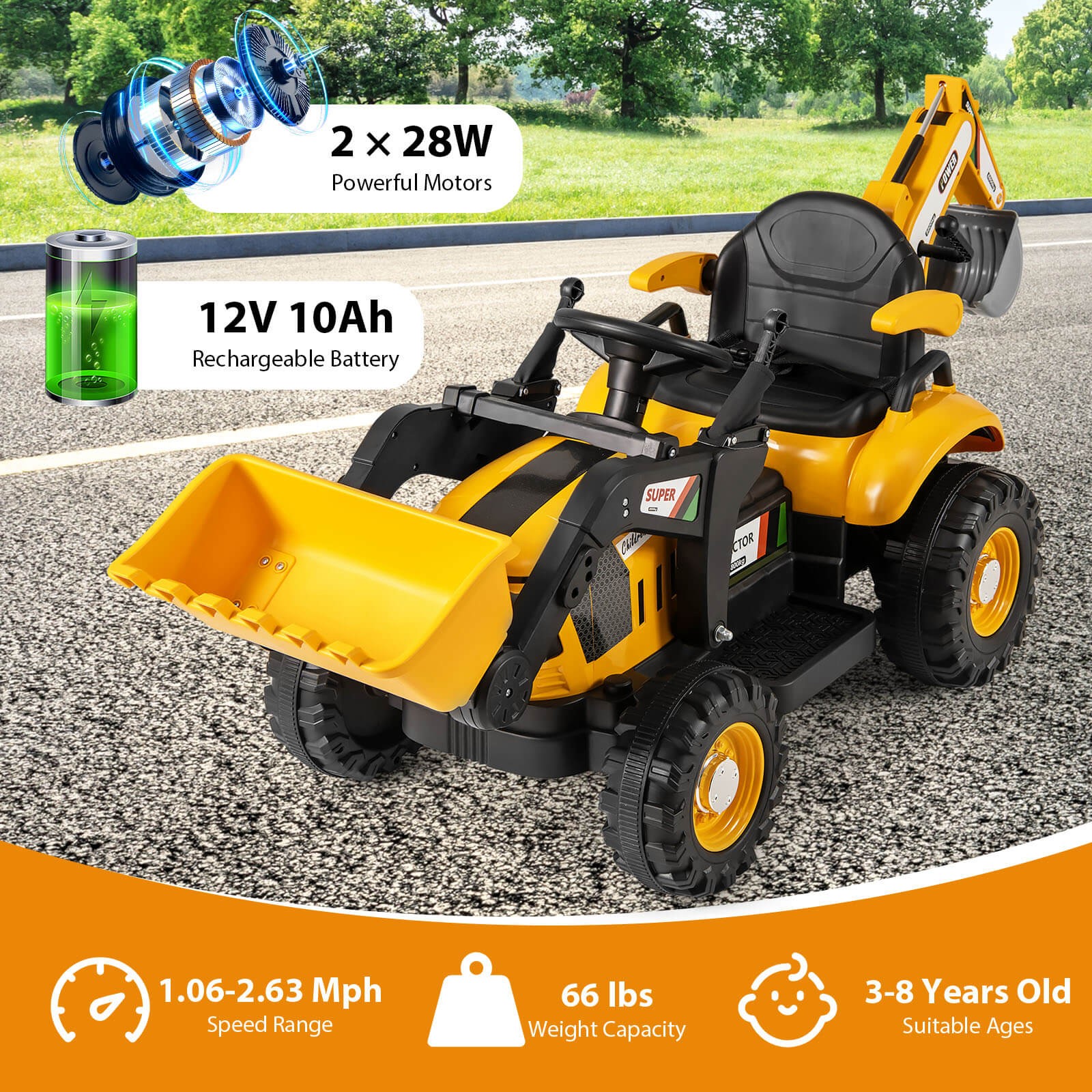 4 in 1 Ride on Tractor, Excavator & Bulldozer for Kids, Trailer, Shovel Bucket