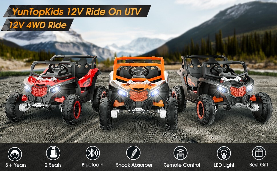 24V children’s ride with remote control, 2-seater toy UTV, Bluetooth, LED lights