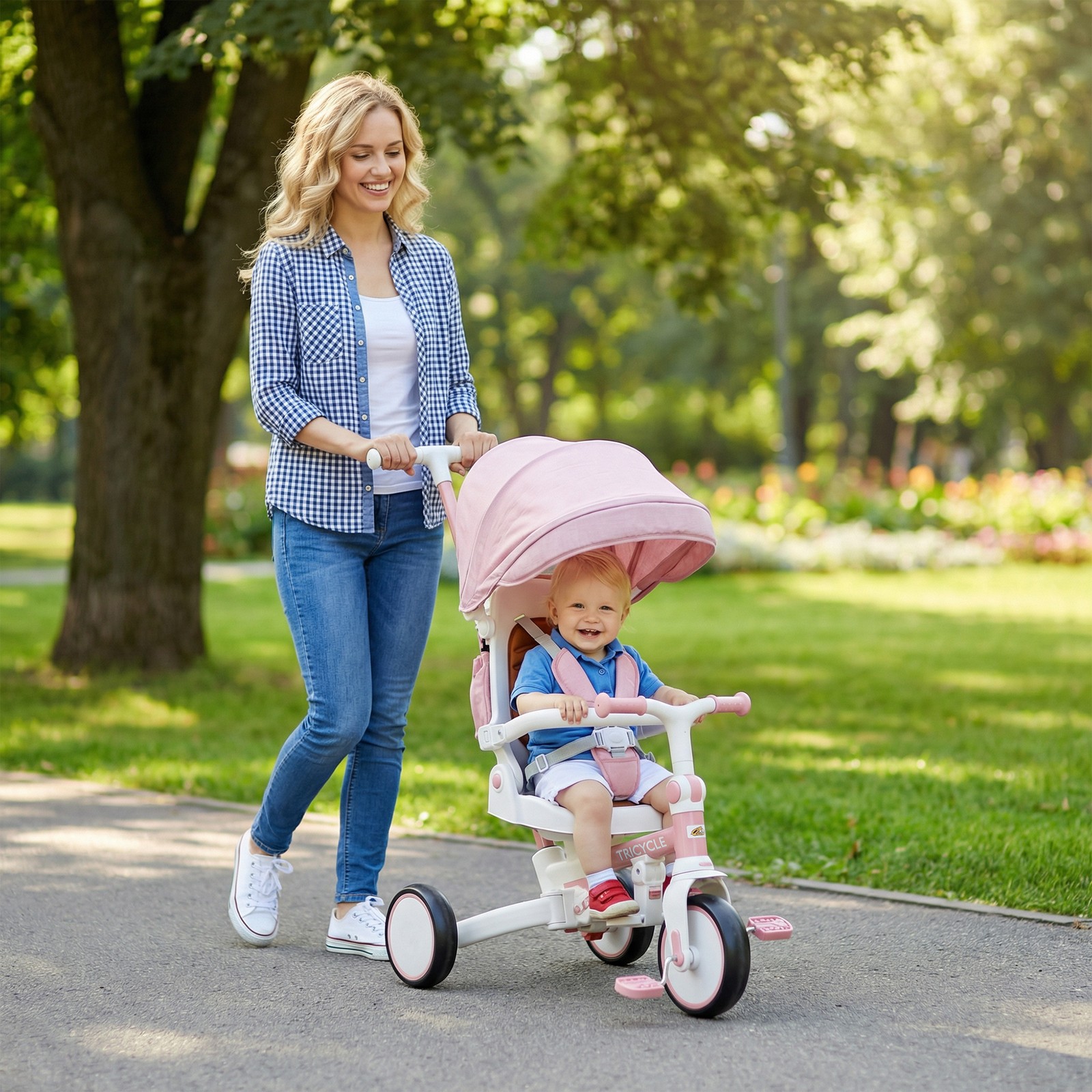 7 in 1 Tricycle Stroller, Kids Tricycle with Adjustable Push Handle, Pink