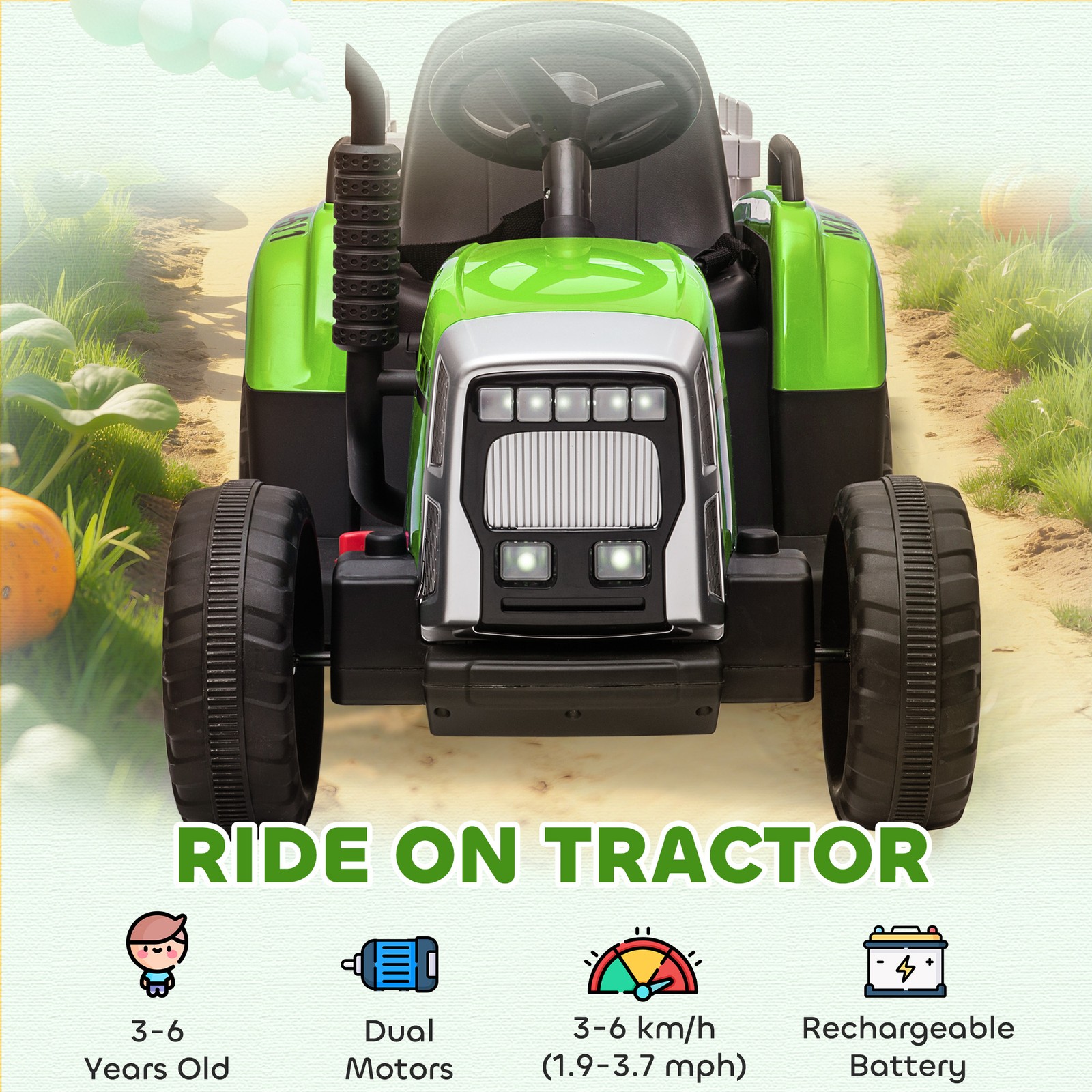 12V Electric Ride on Tractor with Trailer, 25W Dual Motors, Green