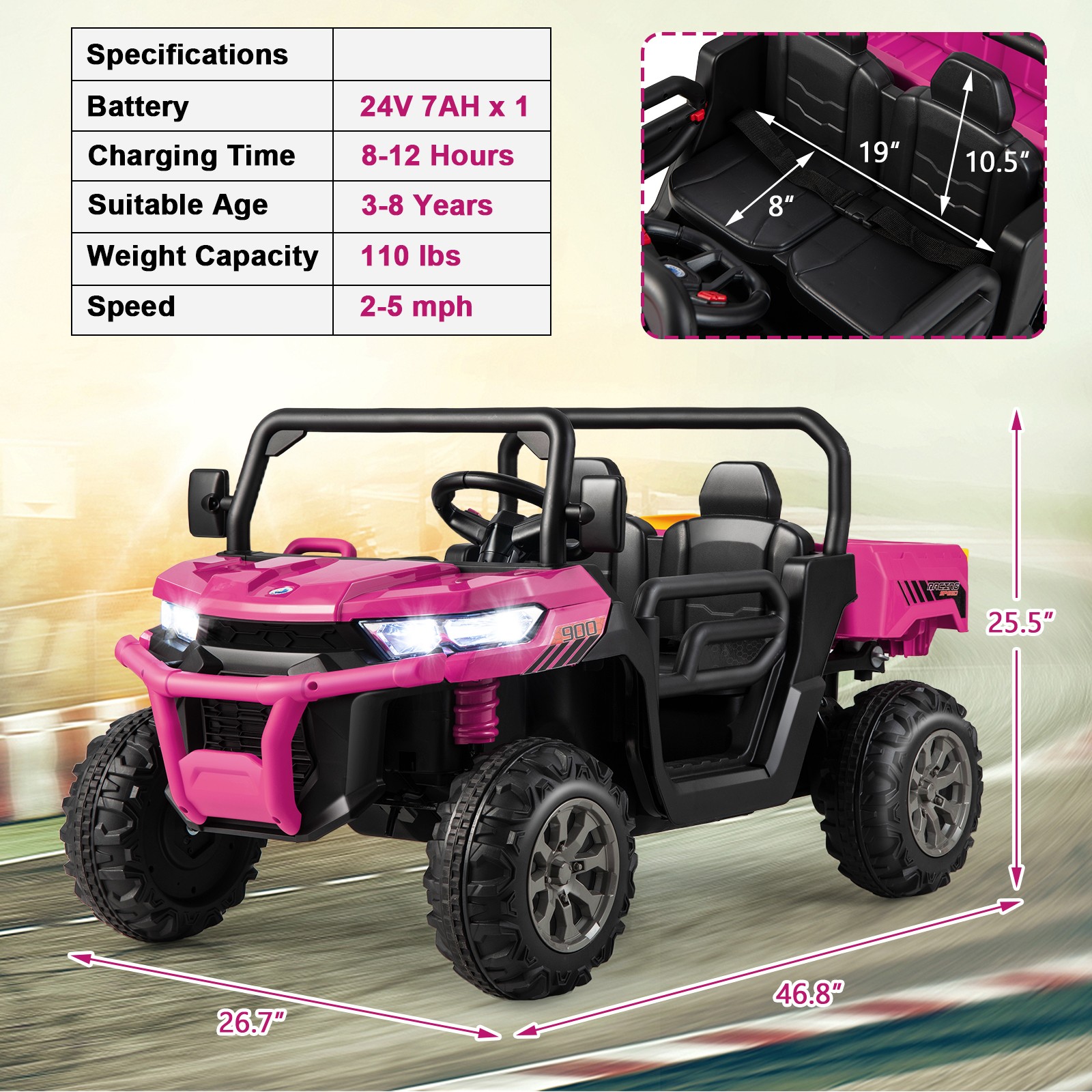 24V Kids Ride On Dump Truck 2-Seater Electric Truck w/ Shovel Music Rose Red