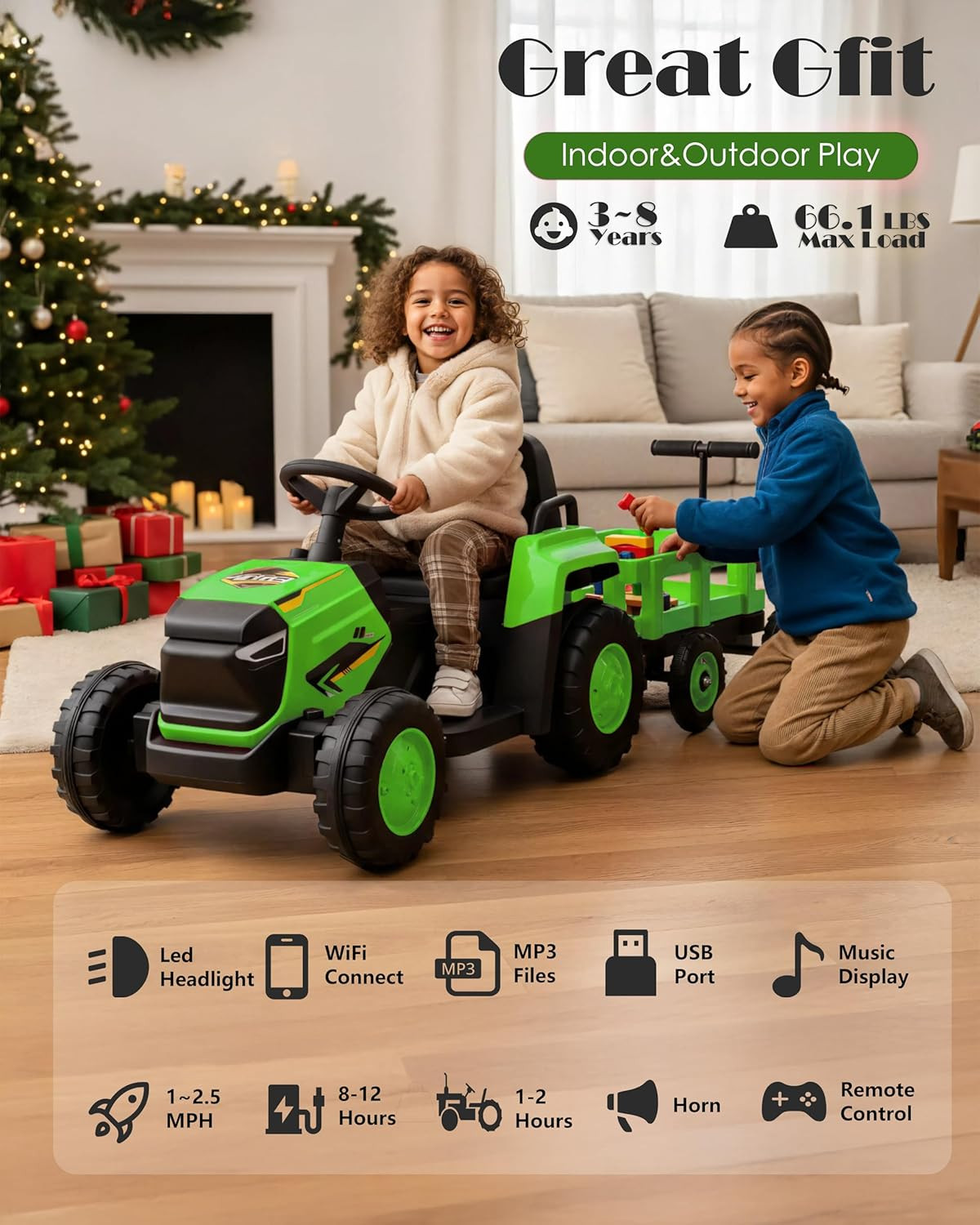 Toddlers Ride on Tractor with Detachable Garden Cart, 12V Electric Kids’ Vehicle
