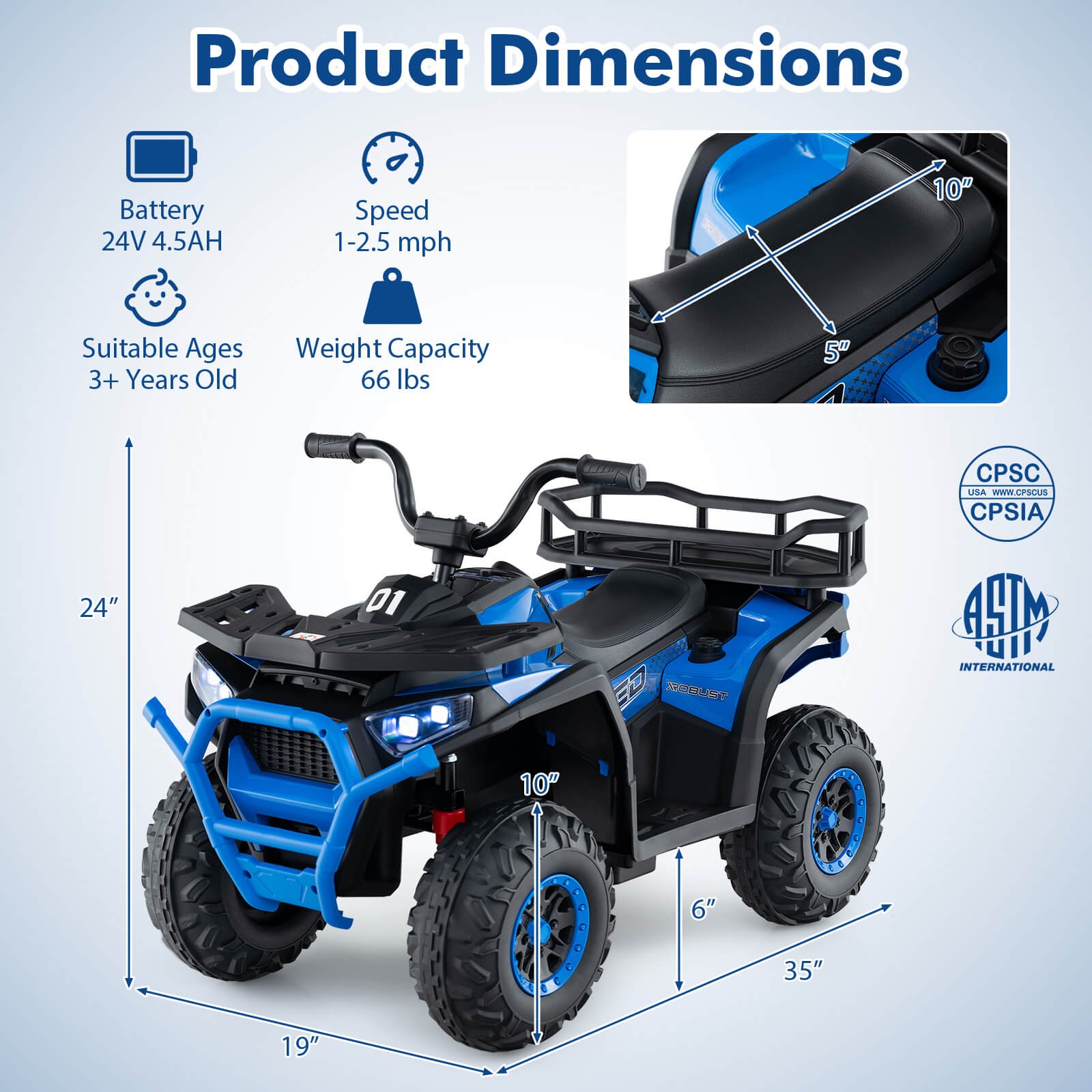 24V Kids Ride on Electric ATV Car Toy w/ Spring Suspension & LED Lights USB