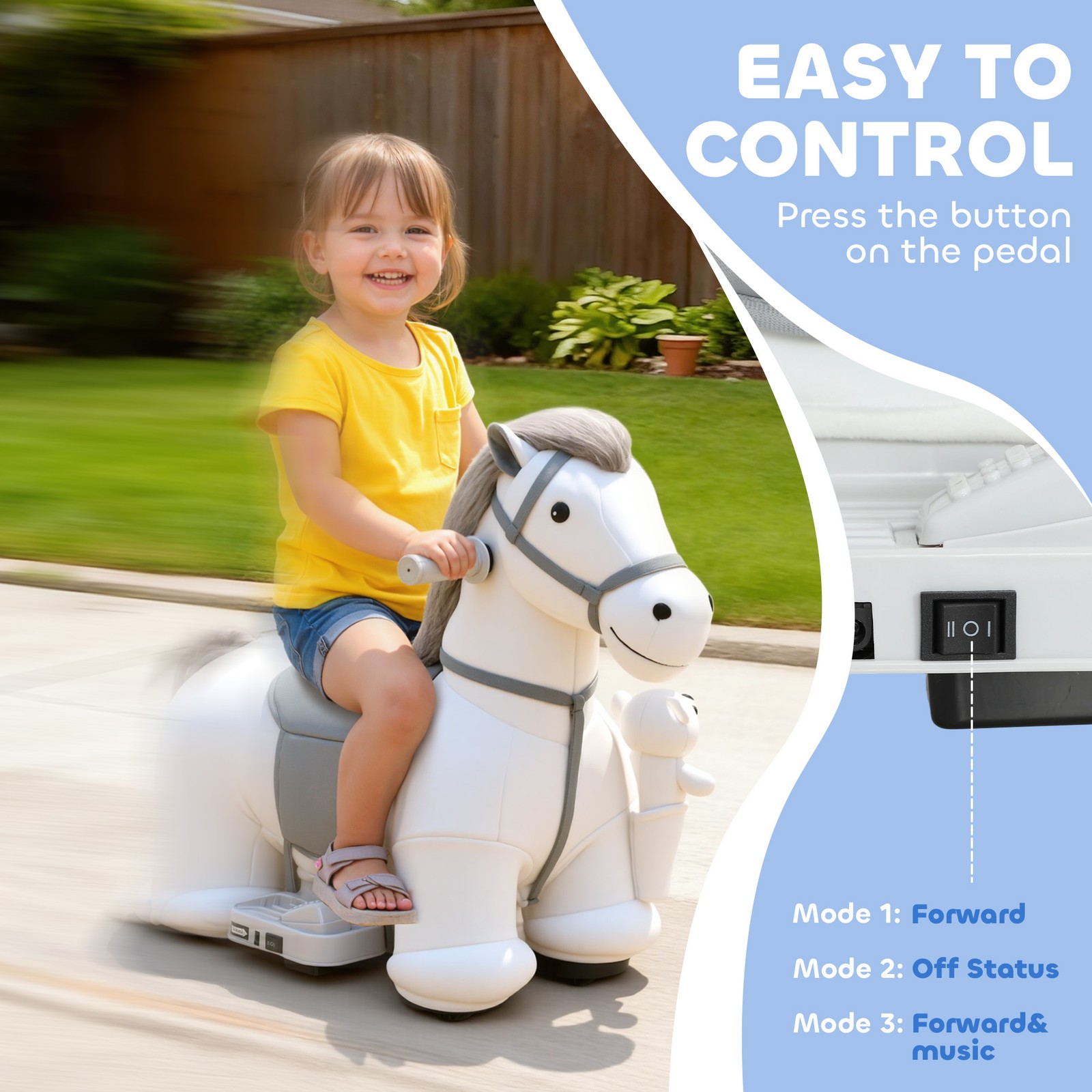 6V Ride On Horse, Battery Powered Ride on Toy with Bear Toy, Music