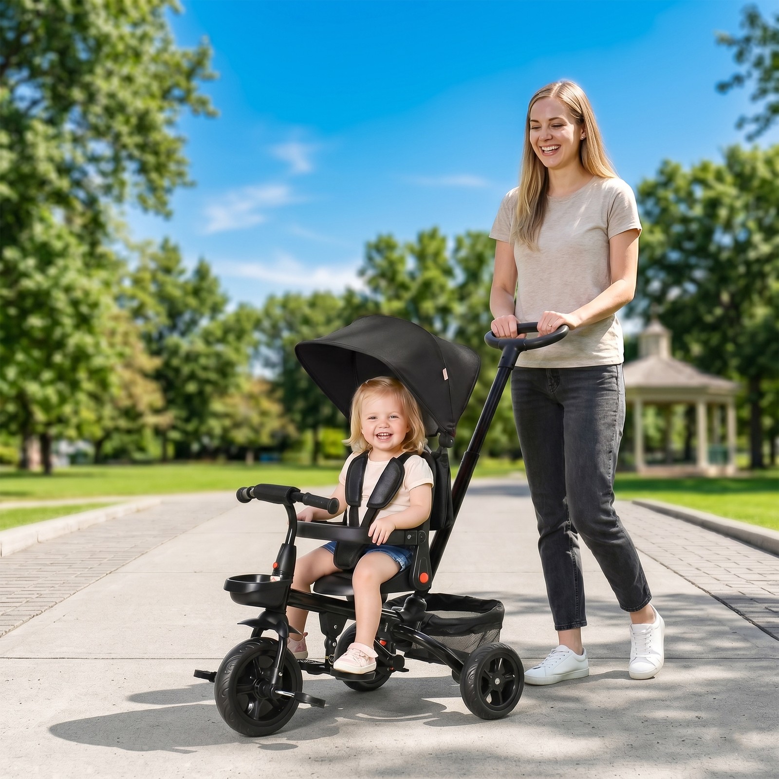 4 in 1 Adjustable Baby Tricycle w/ Removable Handle, Brake, Cover