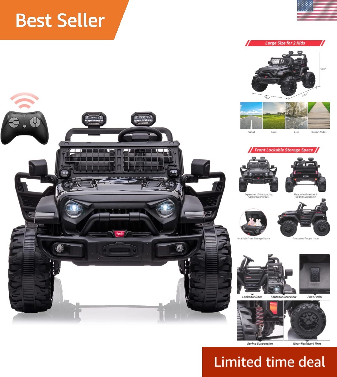 2-Seater Kids Electric Car, Remote Control, 20″ Seats, FM Radio – Black