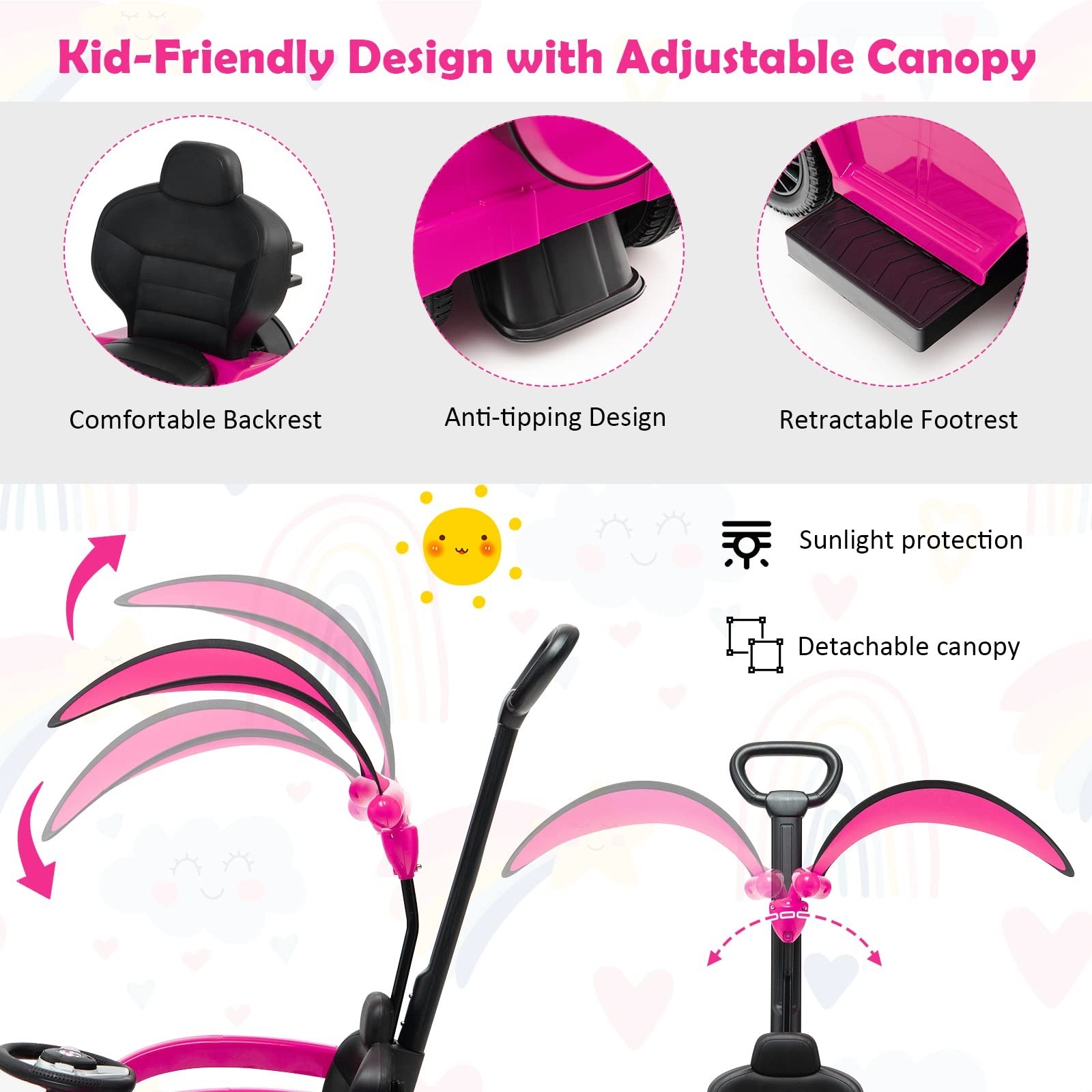 Ride-On Car for Toddlers, Removable Canopy, Anti-Tipping Design, Engine Sound, P