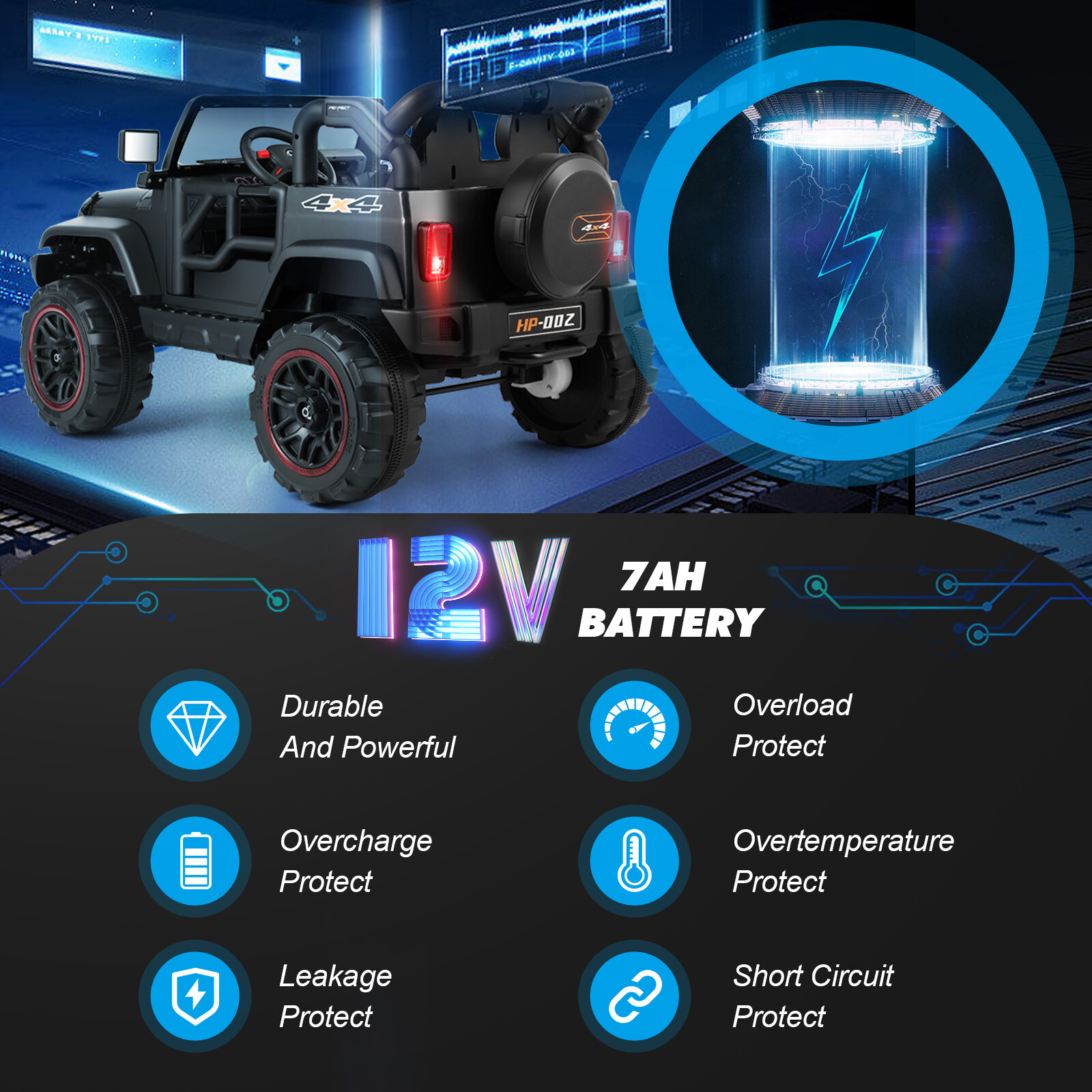 12V Battery 3 Speeds Kids Black Ride On Car Truck w/ RC+MP3+LED Light+USB+Cover