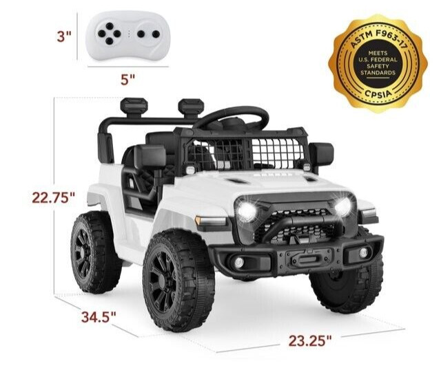 6V Kids Ride On Truck Car LED Parent Remote Control Jeep White Ages 3 to 5 Gift