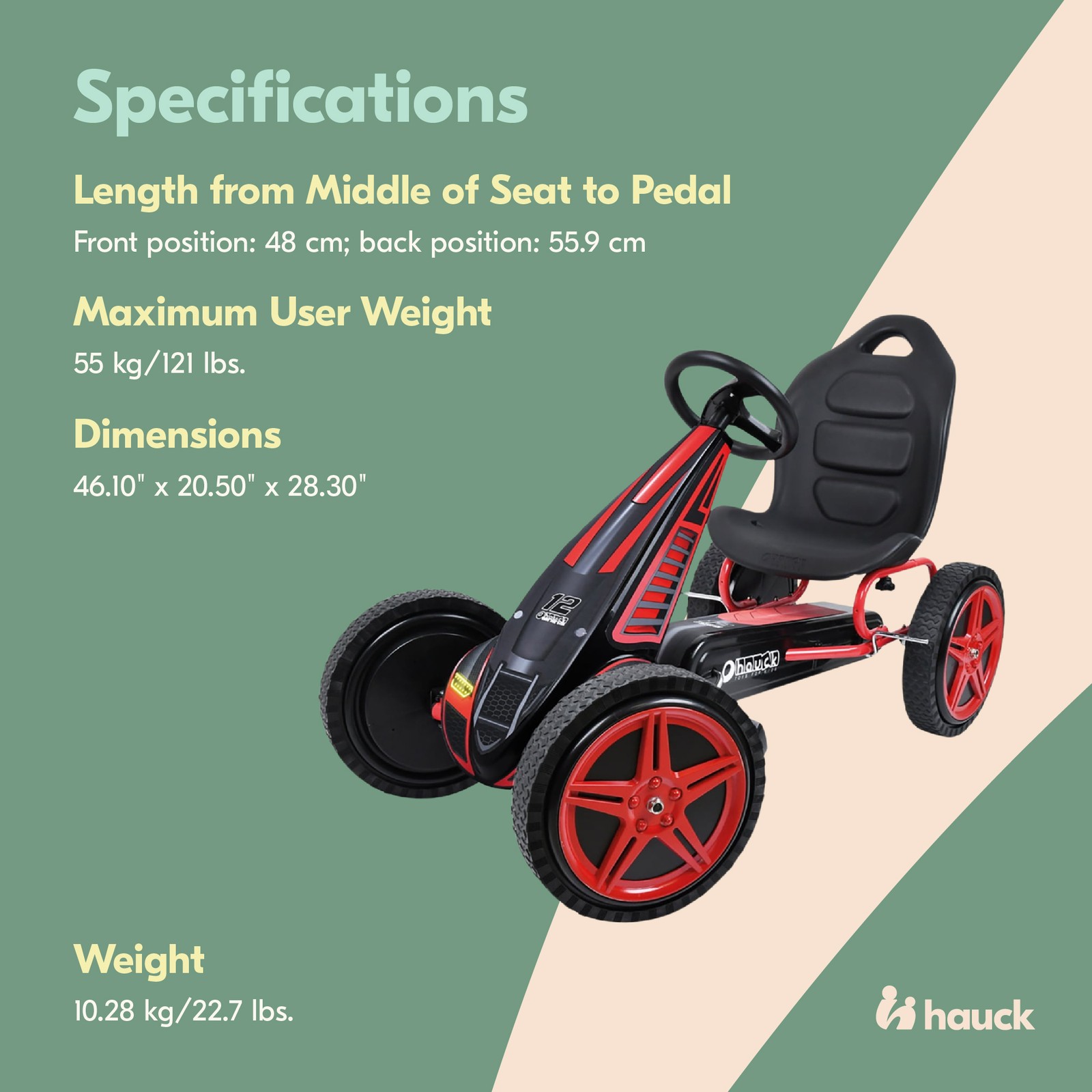 hauck Hurricane Racing Go Kart w/Low Profile Rubber Tires, Handbrake Design, Red