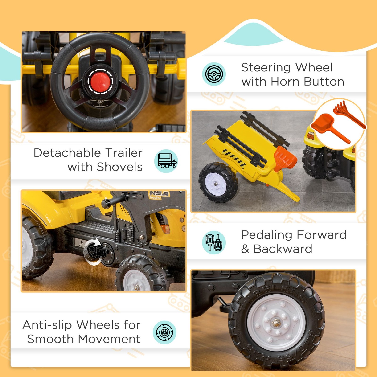 Six-Wheeled Ride-On Excavator for Children with Functional Bucket and Trailer