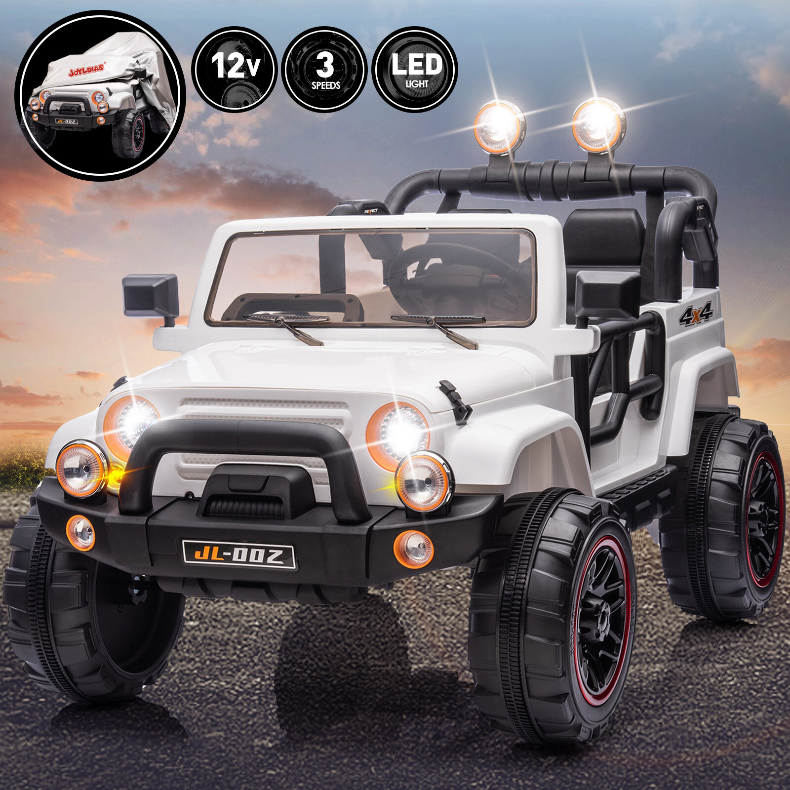 JOYLDIAS 12V Kids White Ride On Car Electric Toy Truck 3 Speed MP3 LED w/ Remote