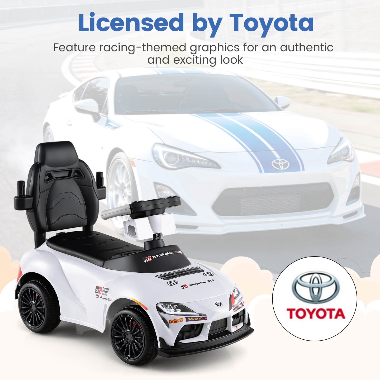 Toyota Licensed Ride on Push Car w/Parent-Control Handle Music Safety Guardrail