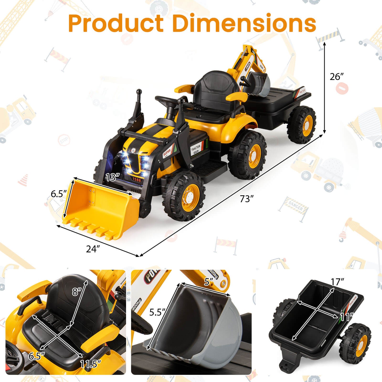 4 in 1 Ride on Tractor, Excavator & Bulldozer for Kids, Trailer, Shovel Bucket