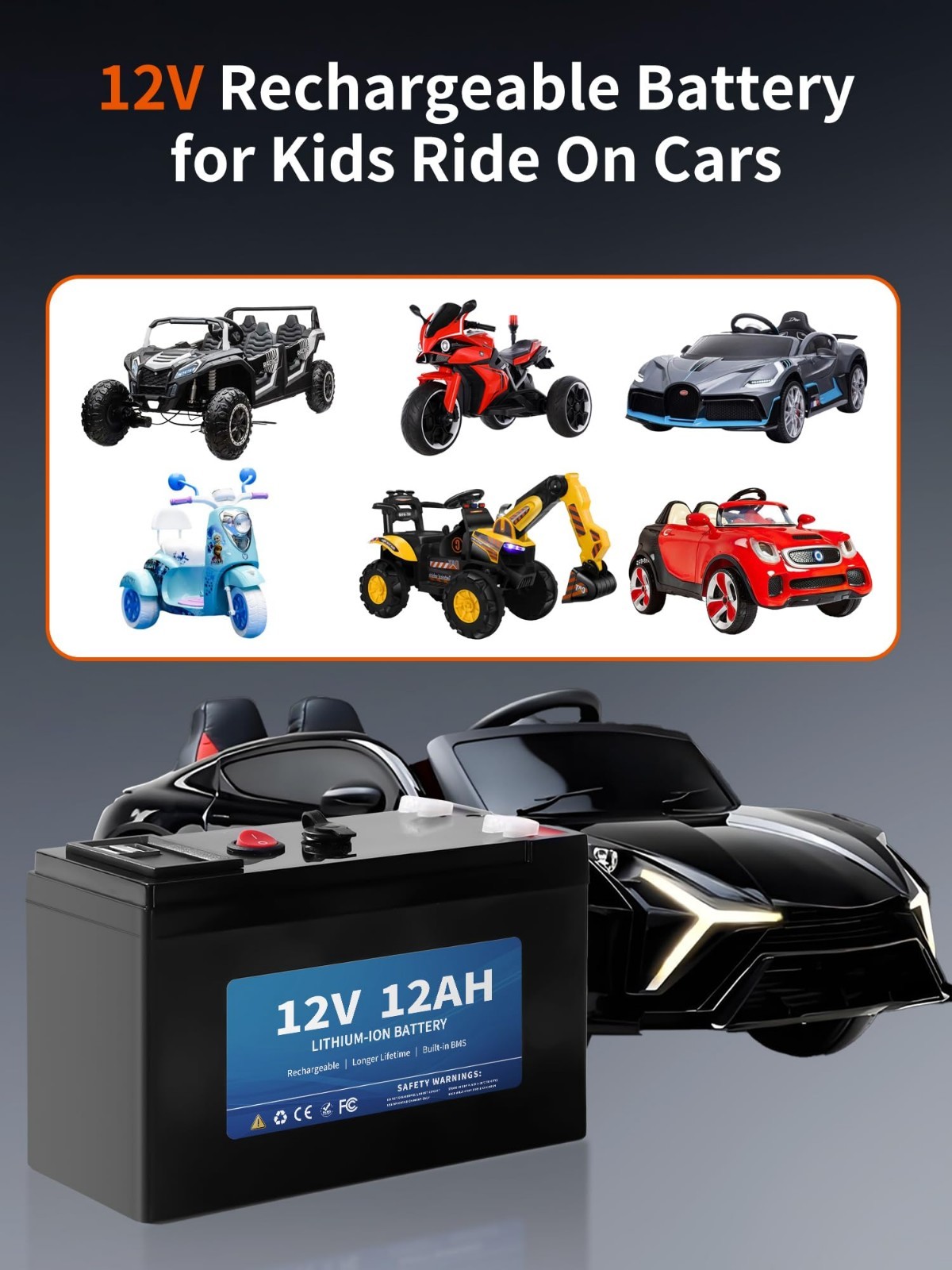 12V 12Ah Lithium Battery for Power Wheels, 2 USB Ports, 2A Charger, BMS Tech