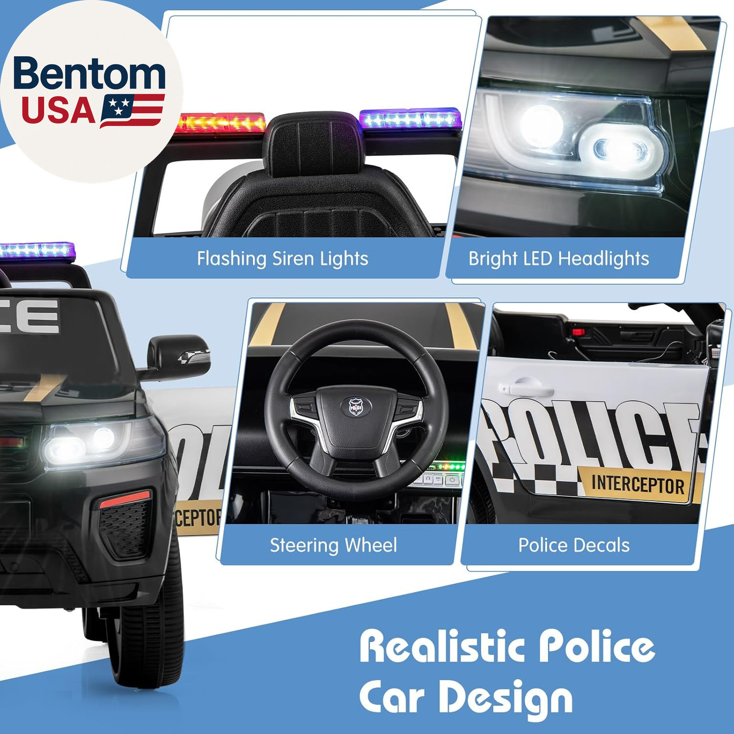 Police Car Ride On, 12V Battery Powered Toy Cop Cars W/Remote Control, LED Flash