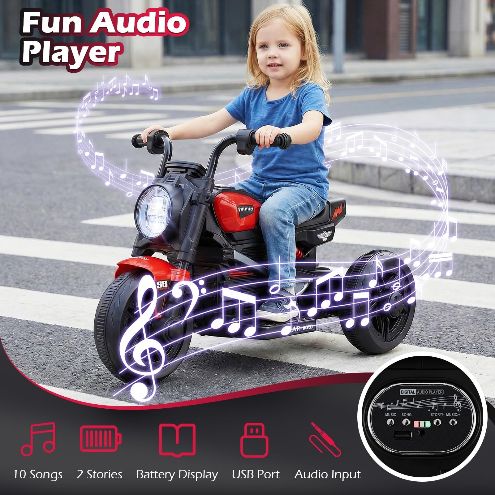 6V Electric Toddler Motorcycle Ride-On Toy, 3-Wheel Chopper with LED Lights & Mu