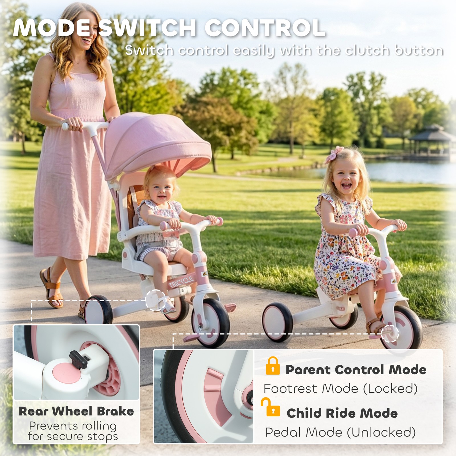 7 in 1 Tricycle Stroller, Kids Tricycle with Adjustable Push Handle, Pink