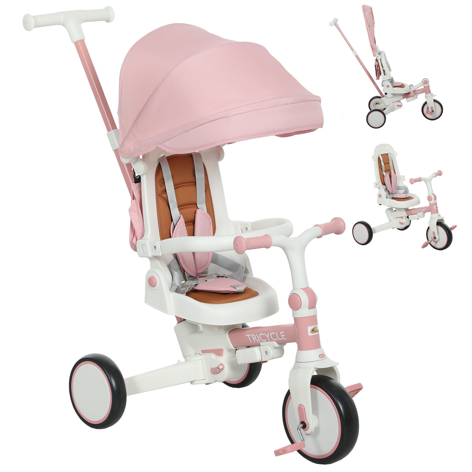 7 in 1 Tricycle Stroller, Kids Tricycle with Adjustable Push Handle, Pink