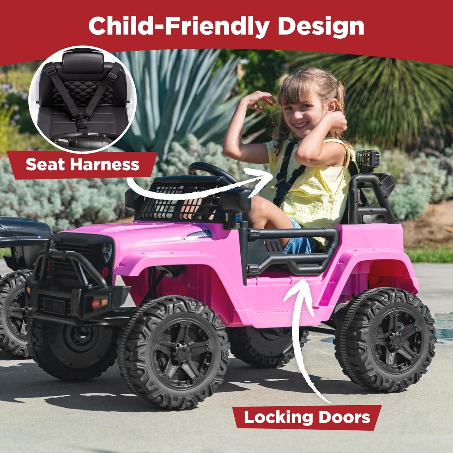 Powerful Pink 12V Kids Ride-On Truck with LED Lights & Parental Control Remote