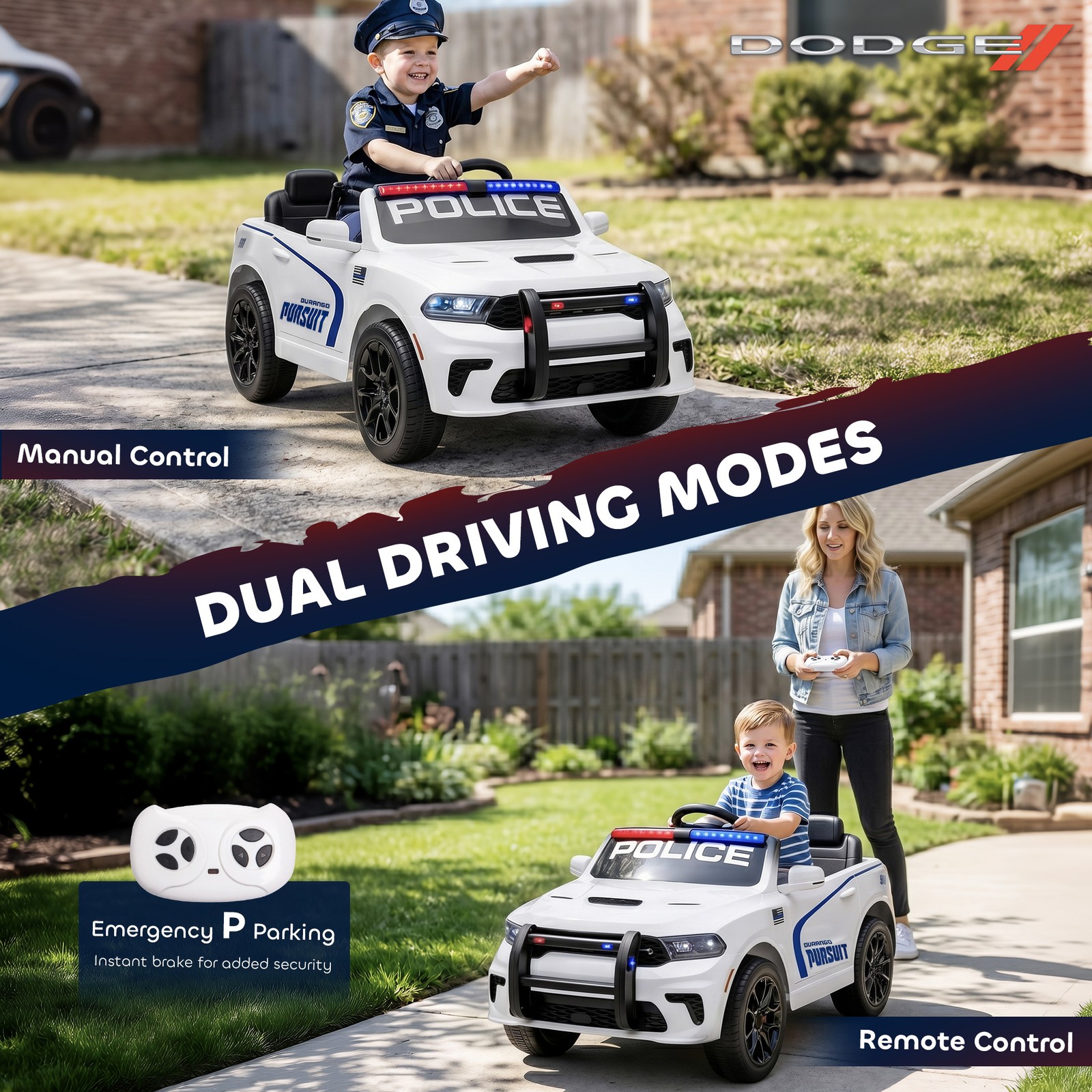 Qaba 12V Licensed Dodge Ride On Police Car with 2 Seater for Age 3-6, White