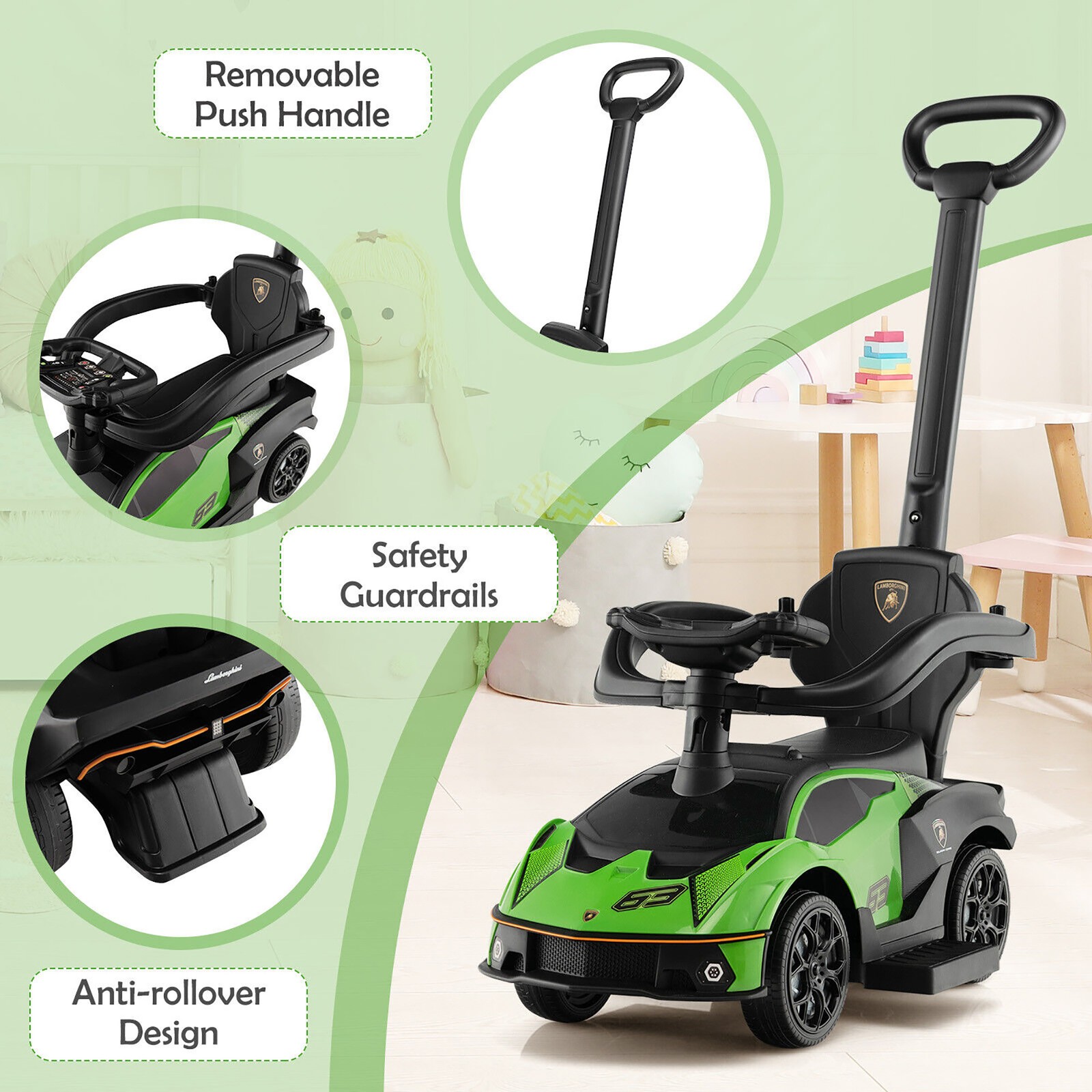 3-in-1 Licensed Lamborghini Ride on Push Car Stroller Sliding Car w/ Sound Green
