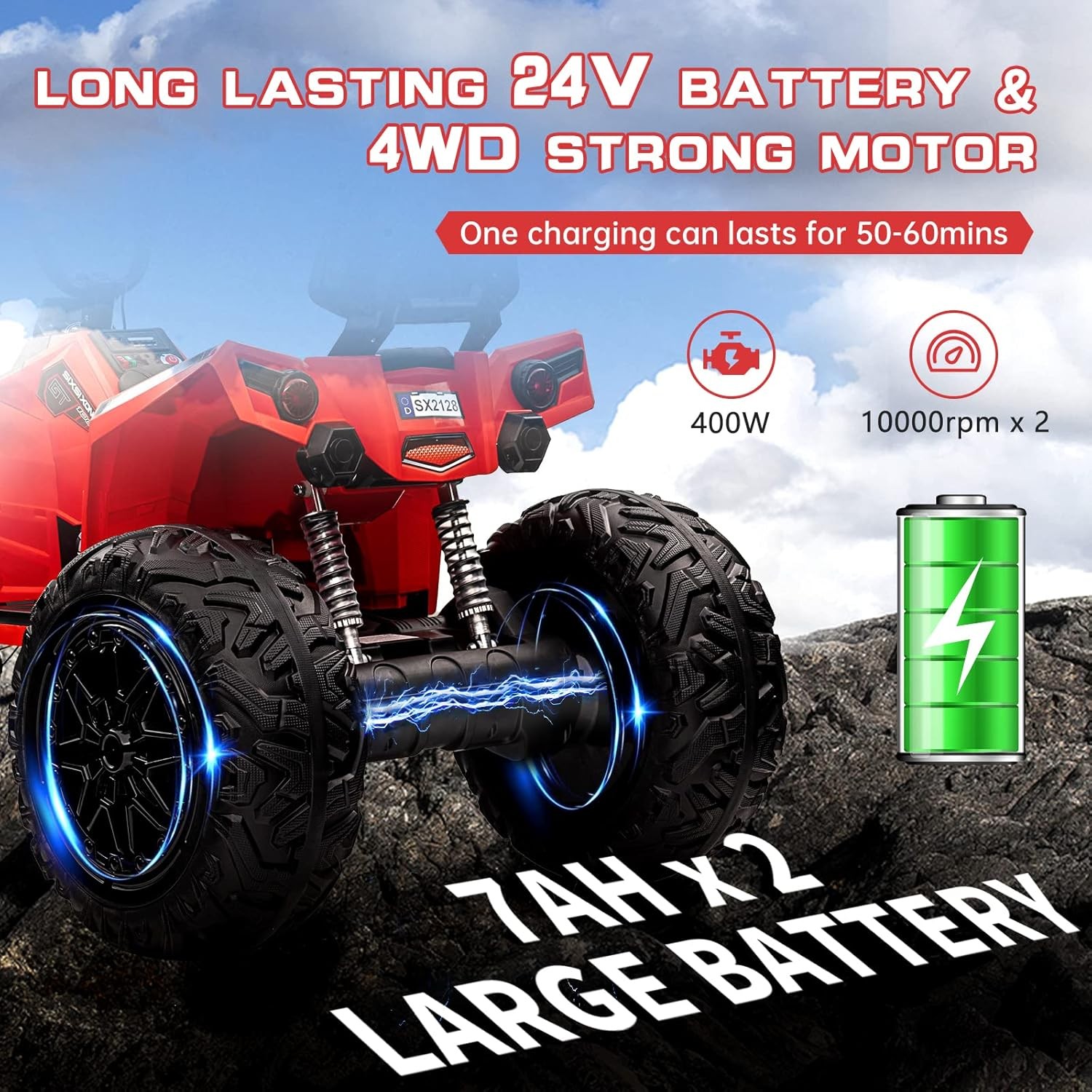 Kids ATV 24V Ride on Car 4WD Quad Electric Vehicle 4x80W 7AHx2 Battery LED Toy