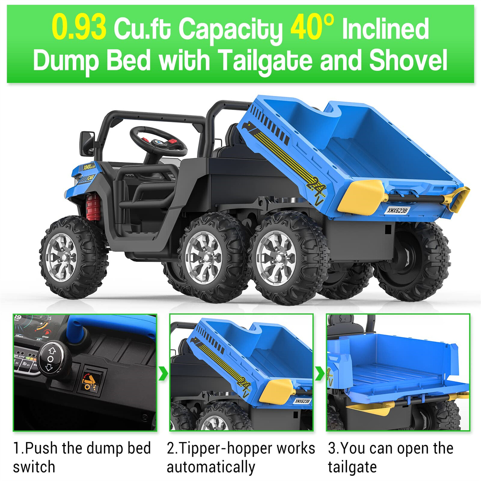24V Ride On Dump Truck with Electric Dump Bed 6 Wheeler Kids UTV Car Two Seats