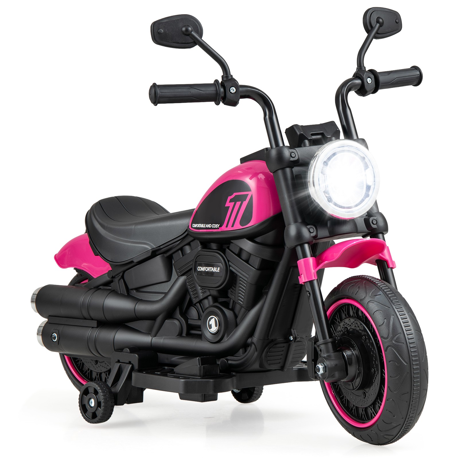 6V Kids Electric Motorcycle w/ Training Wheels LED Headlights Music Board Pink