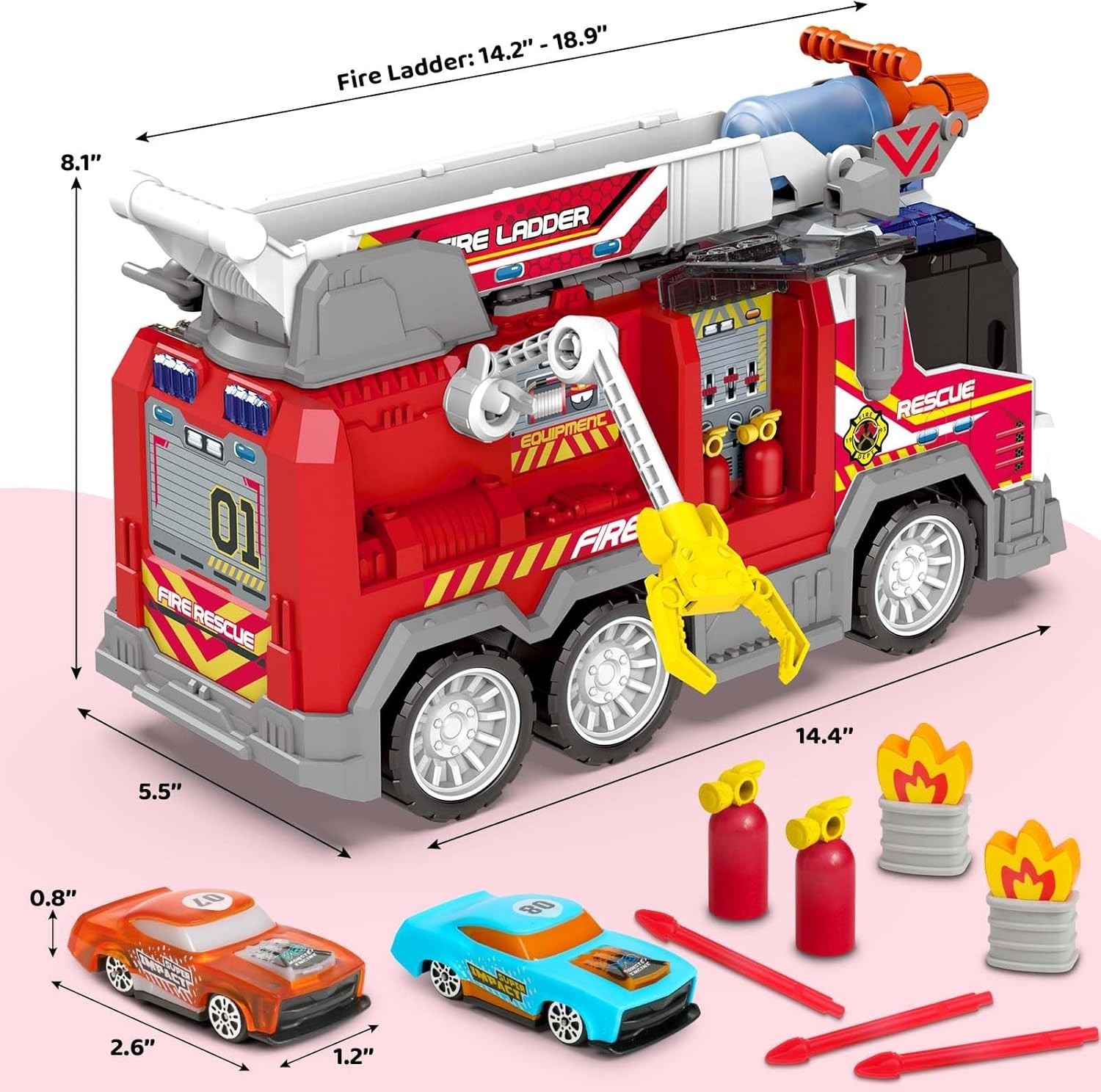 Big Fire Trucks for Toddlers 3 4 5 6 7,2PCS Ejecting Race Cars 18-Inch,Ladder..