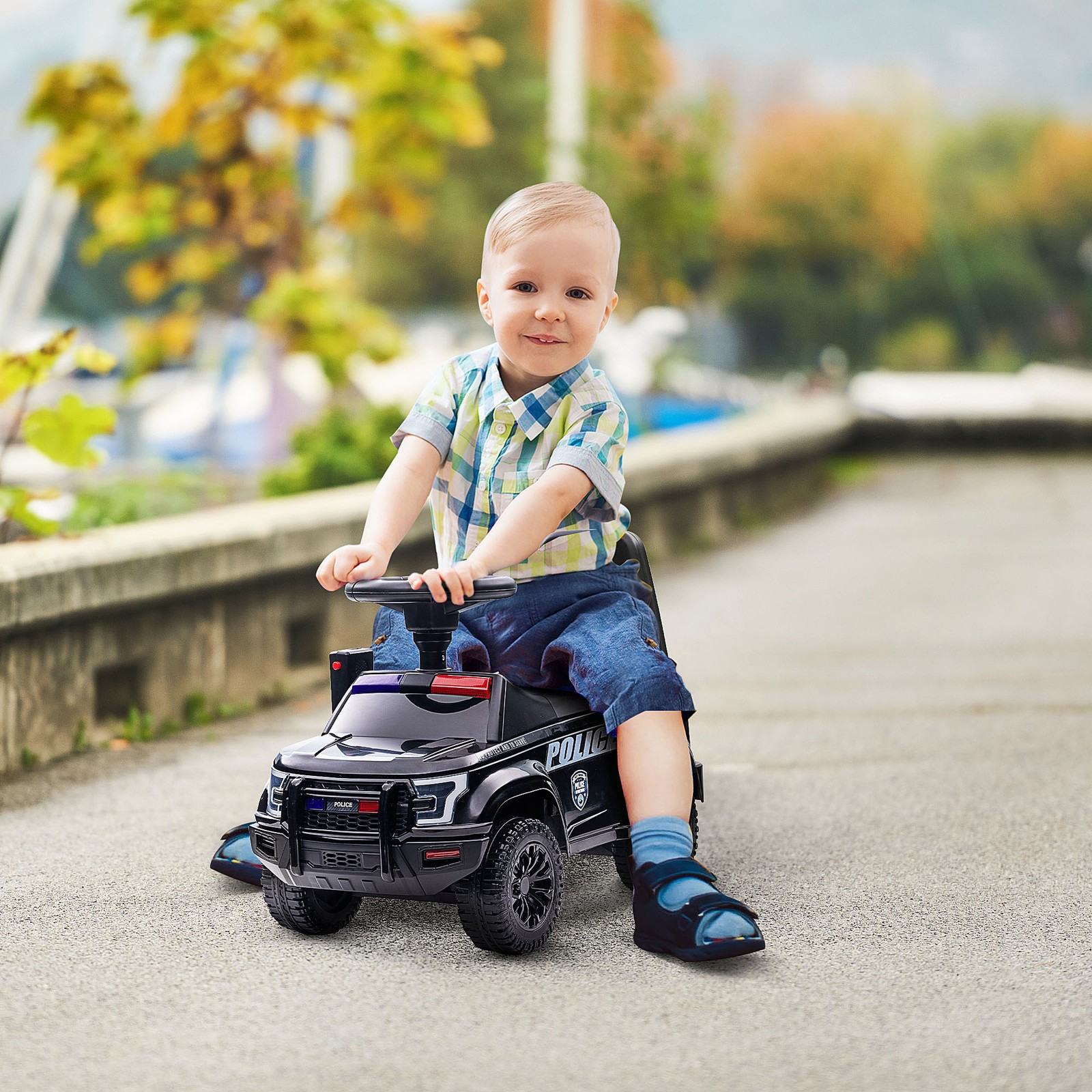 Kids Push Ride On Police Car W/ Horn, for 18 Months – 5 Years Old, Black