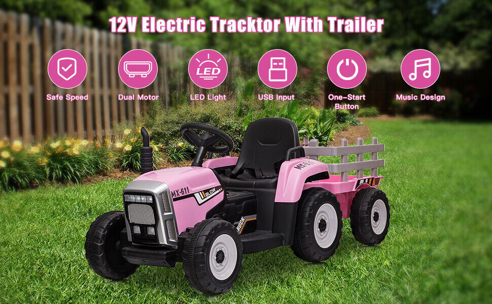 12V Kids Electric Tractor with Trailer Toddler Ride On Car w/ Remote Control