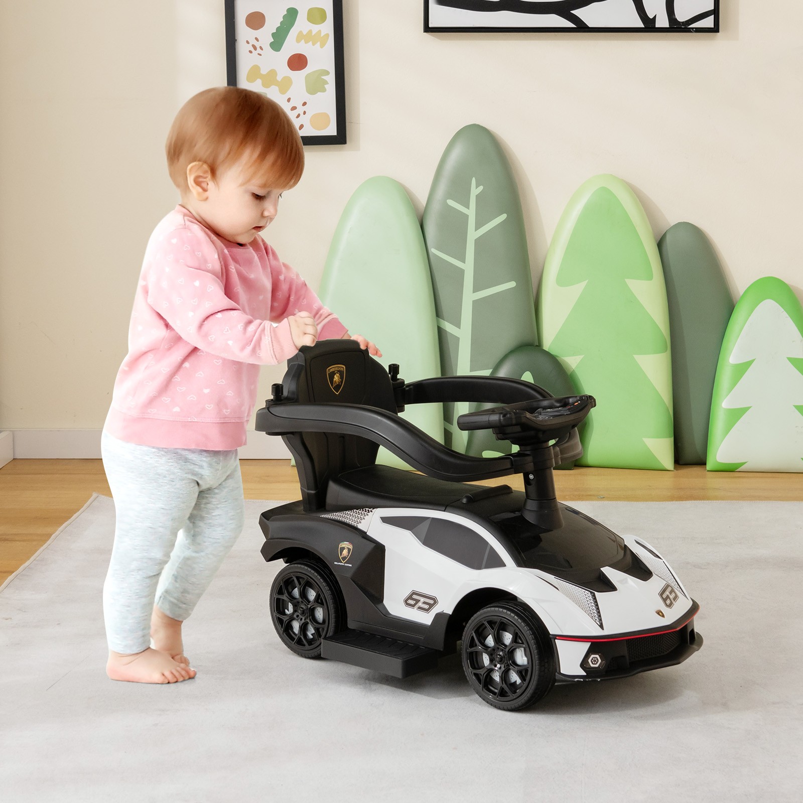 Stroller Sliding Car 3-in-1 Licensed Lamborghini Ride on Push Car w/ Sound White