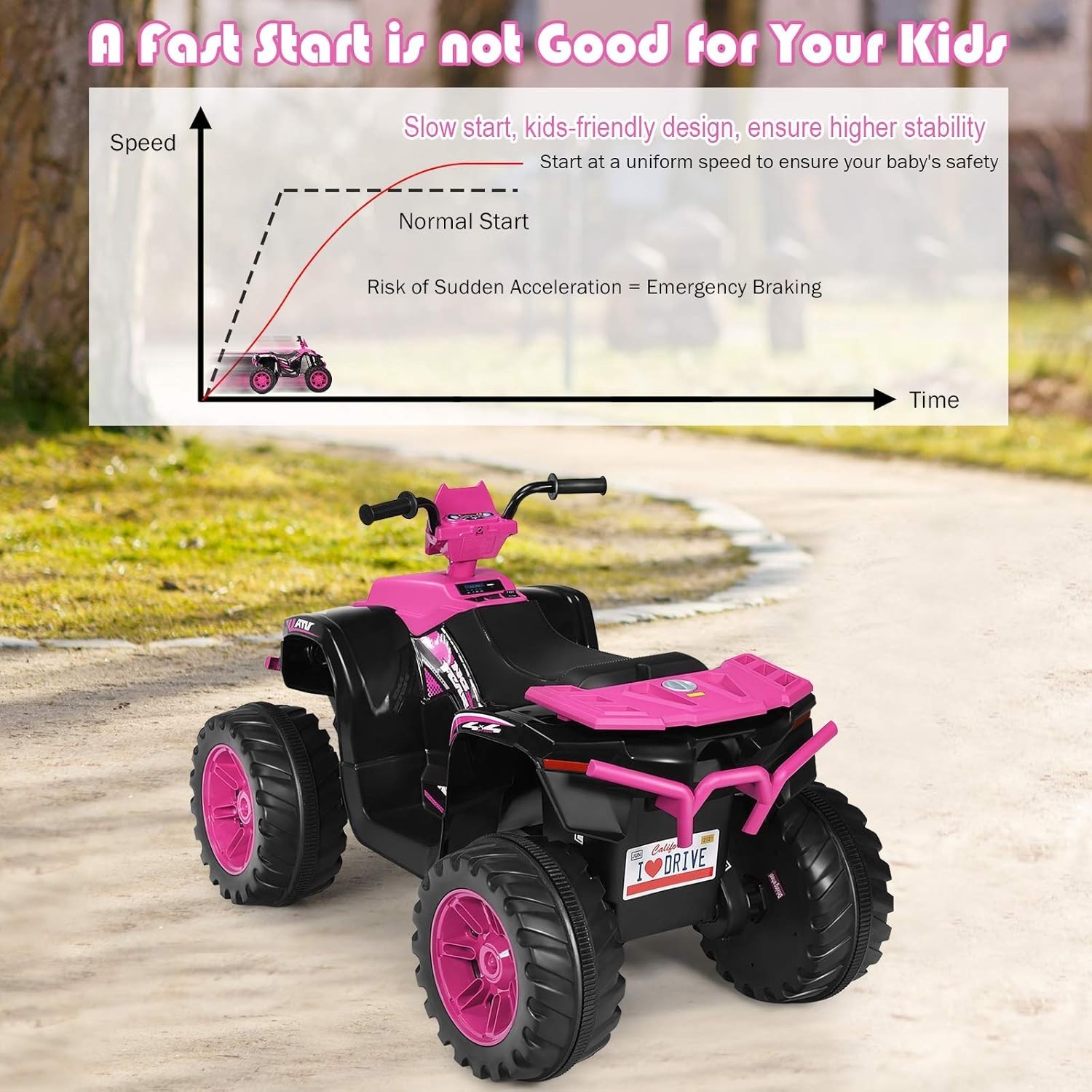 Pink Kids 12V Electric Quad with All Terrain Tread Tires and Fun Features