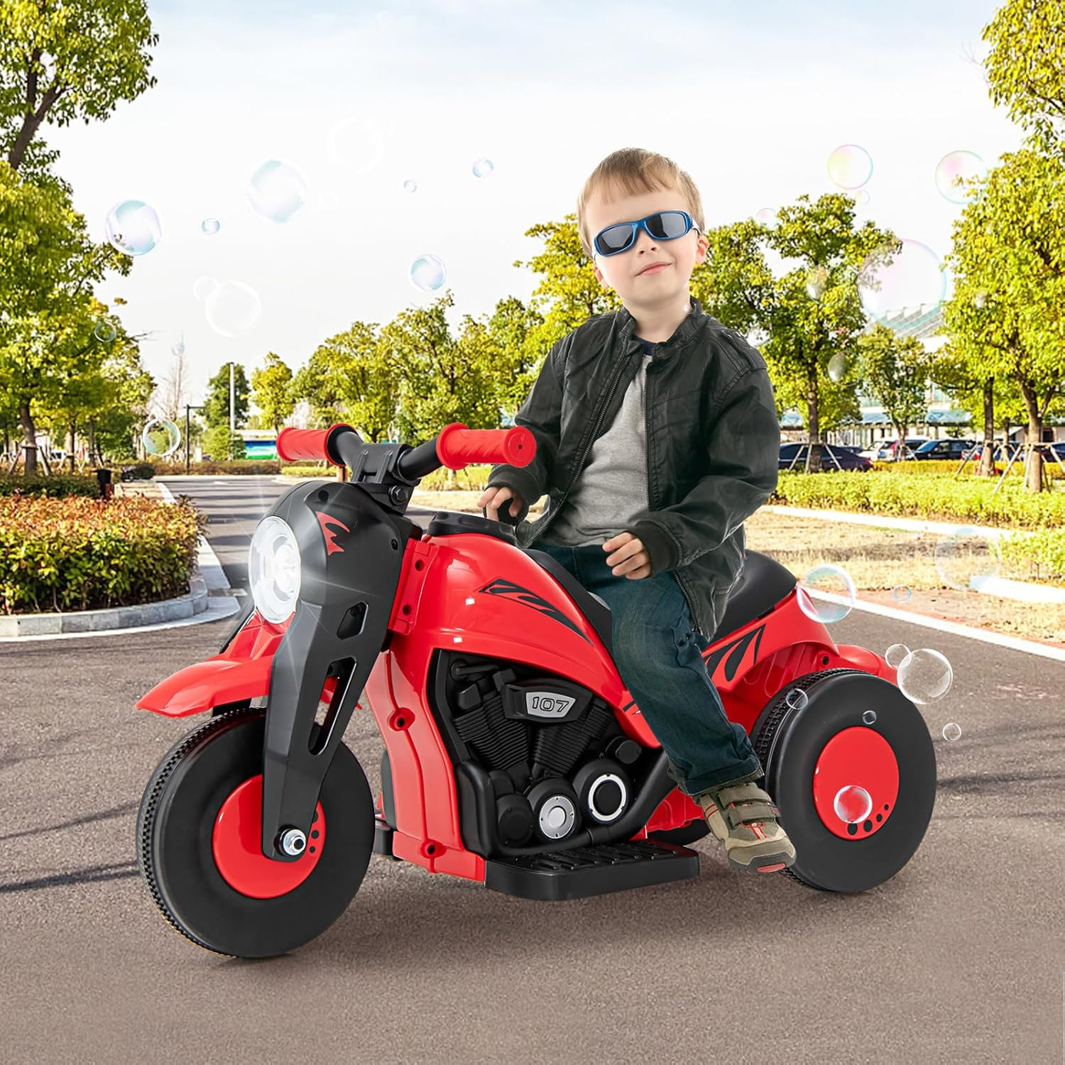 Kids Motorcycle, 6V Electric Ride on Car with Automatic Bubble Function, Foot Pe