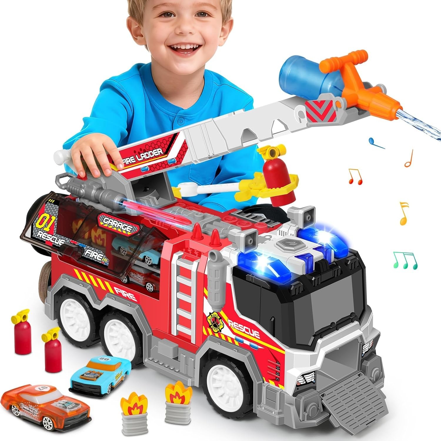 Big Fire Trucks for Toddlers 3 4 5 6 7,2PCS Ejecting Race Cars 18-Inch,Ladder..