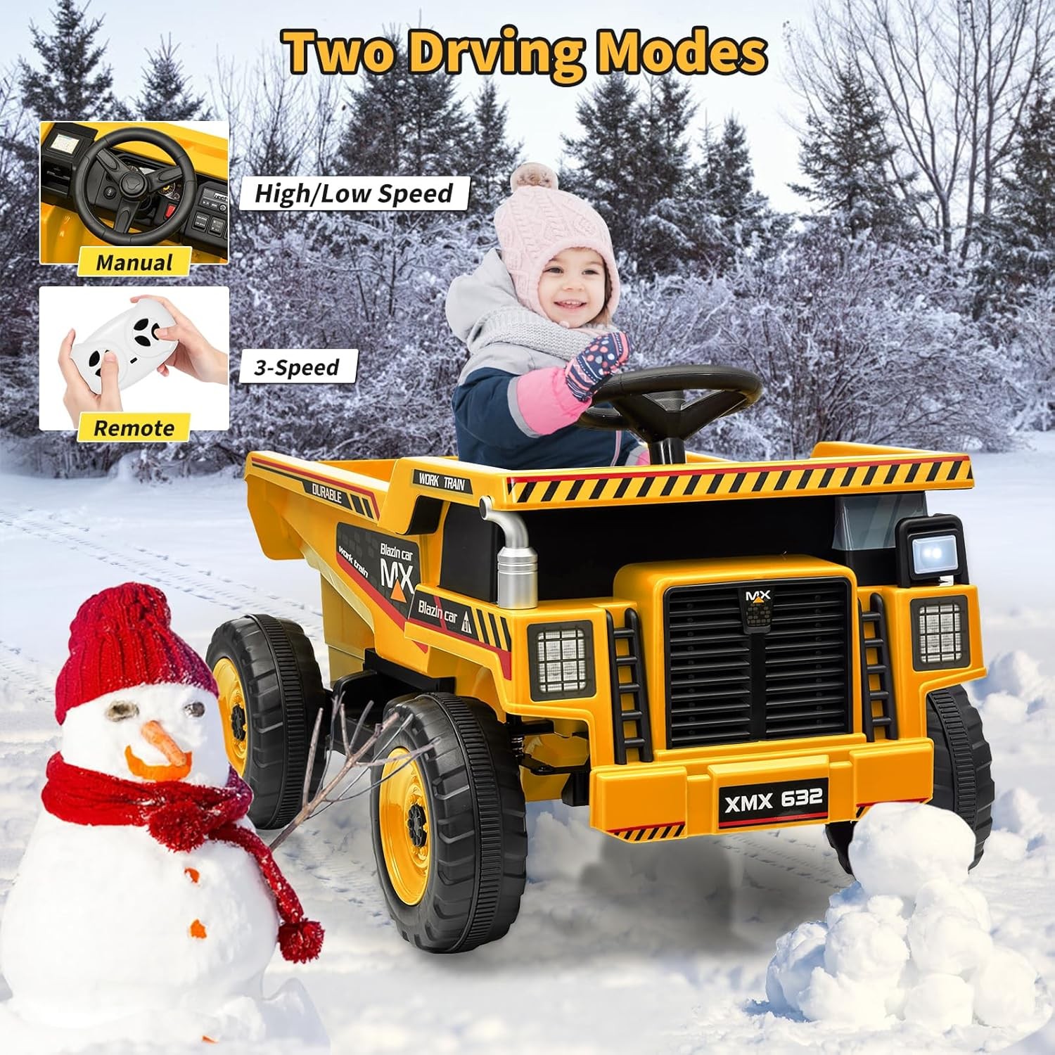 Kids Ride On Dump Truck 12V Remote Control Car Toy with Electric Dump Bed LED