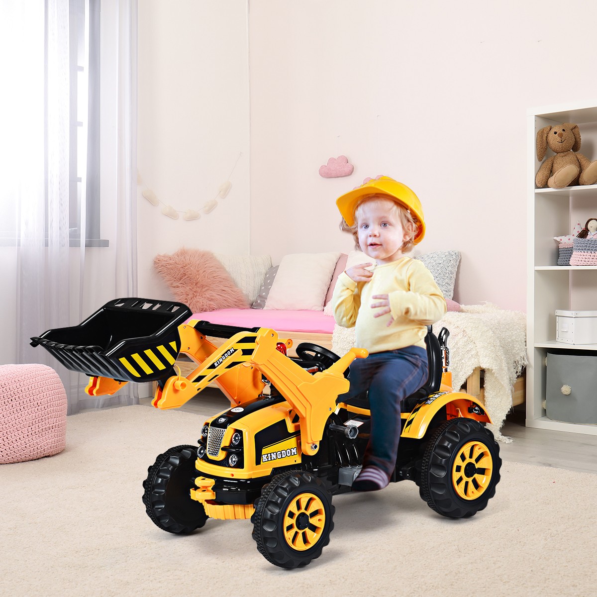 12V Battery Powered Kids Ride On Excavator Truck With Front Loader Digger Yellow