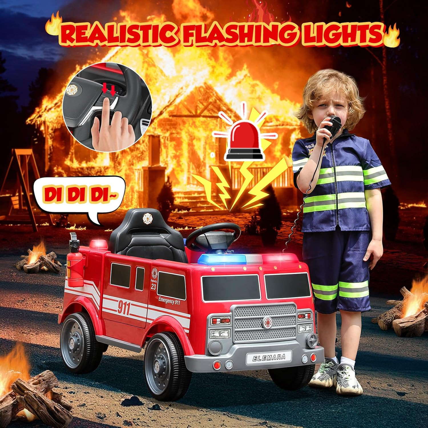 12V Ride on Fire Truck, Battery Powered Toddler Electric Vehicle W/Parent Remote