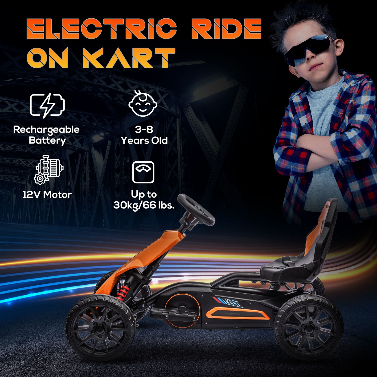 12V Electric Go Kart for Kids w/ Adjustable Speed, Orange