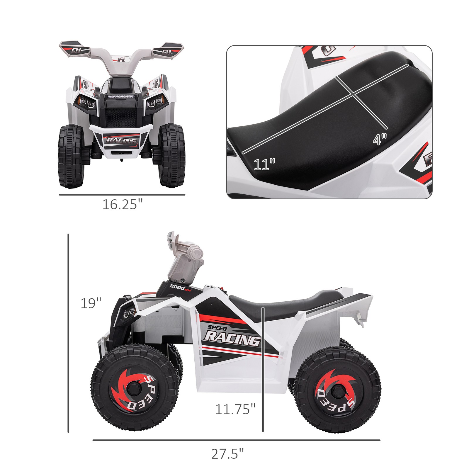 Kids ATV Quad Car, 6V Four-Wheeler w/ Forward Backward, White