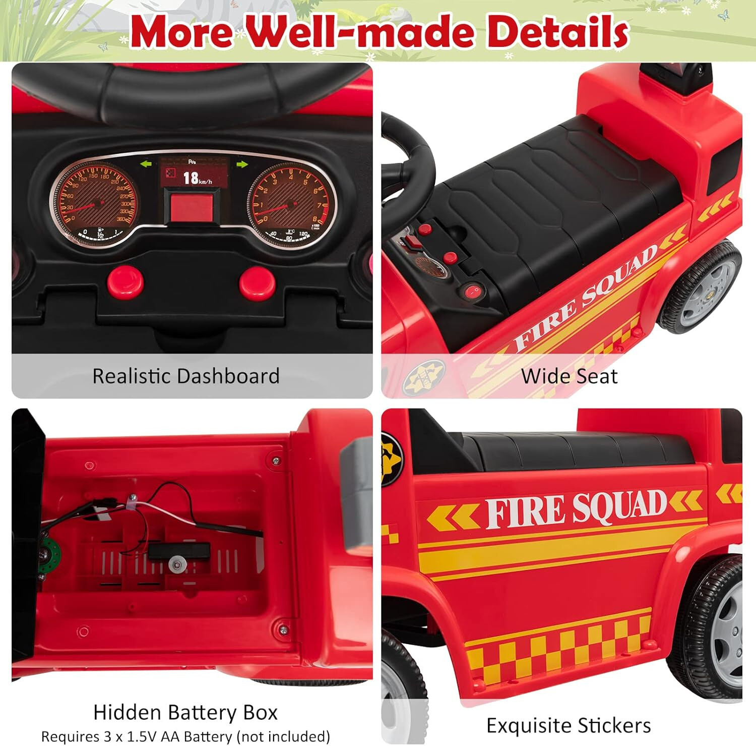 Kids Ride On Fire Truck Foot-to-Floor Sliding Car for Toddlers w/ Sounds & Music