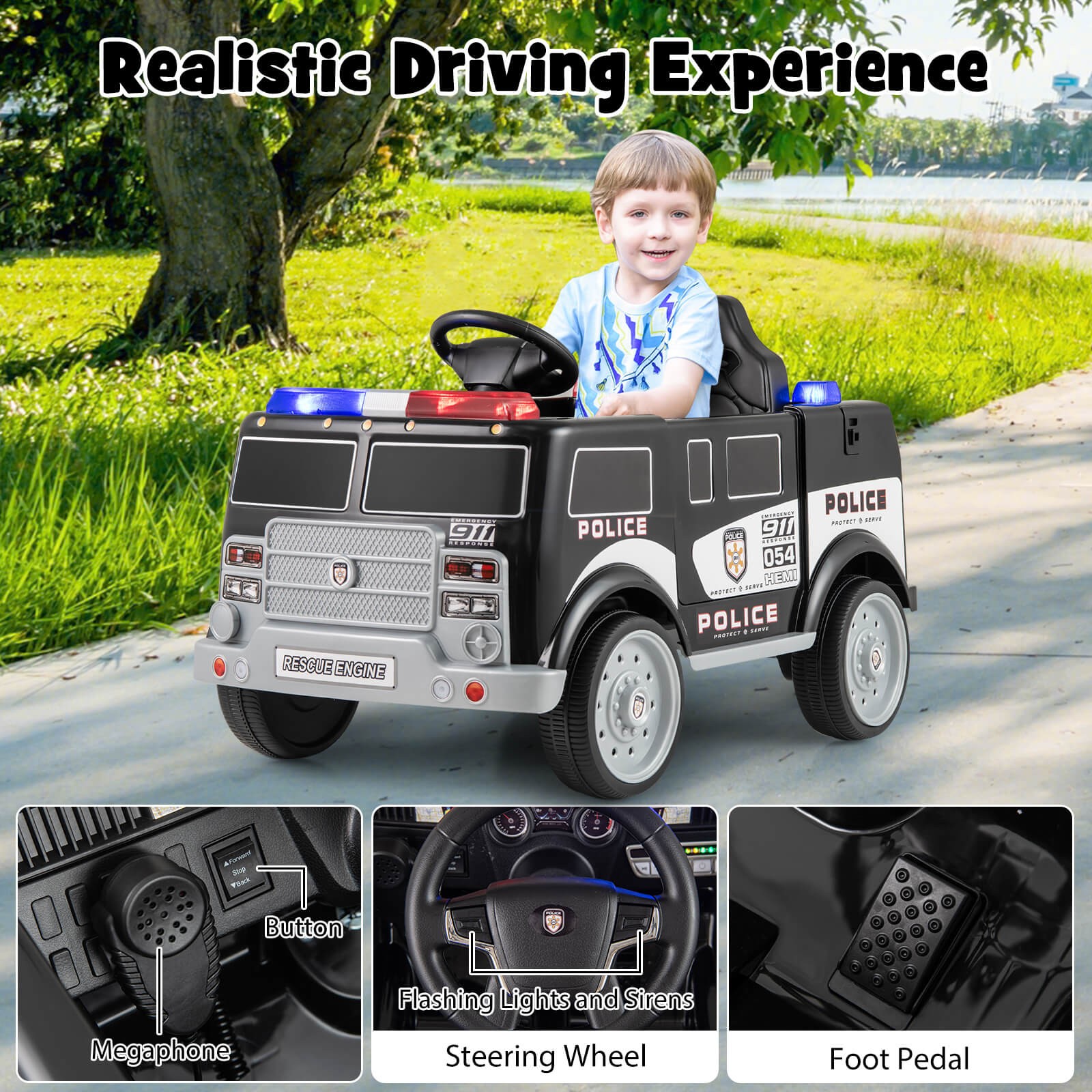 Kids Ride on Police Car w/ 3 Speeds Megaphone Music FM Radio Flashing Lights