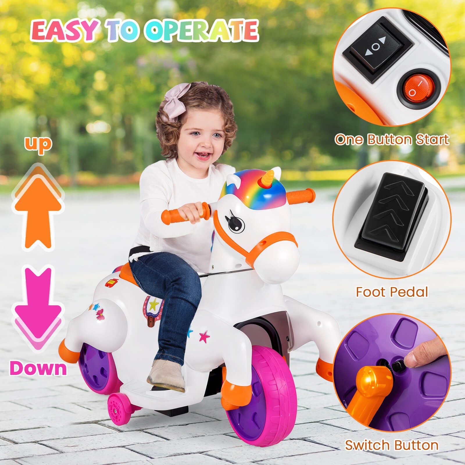 12V Kids Ride on Unicorn Toy w/ Training Wheels Music One-button Start Horse Toy