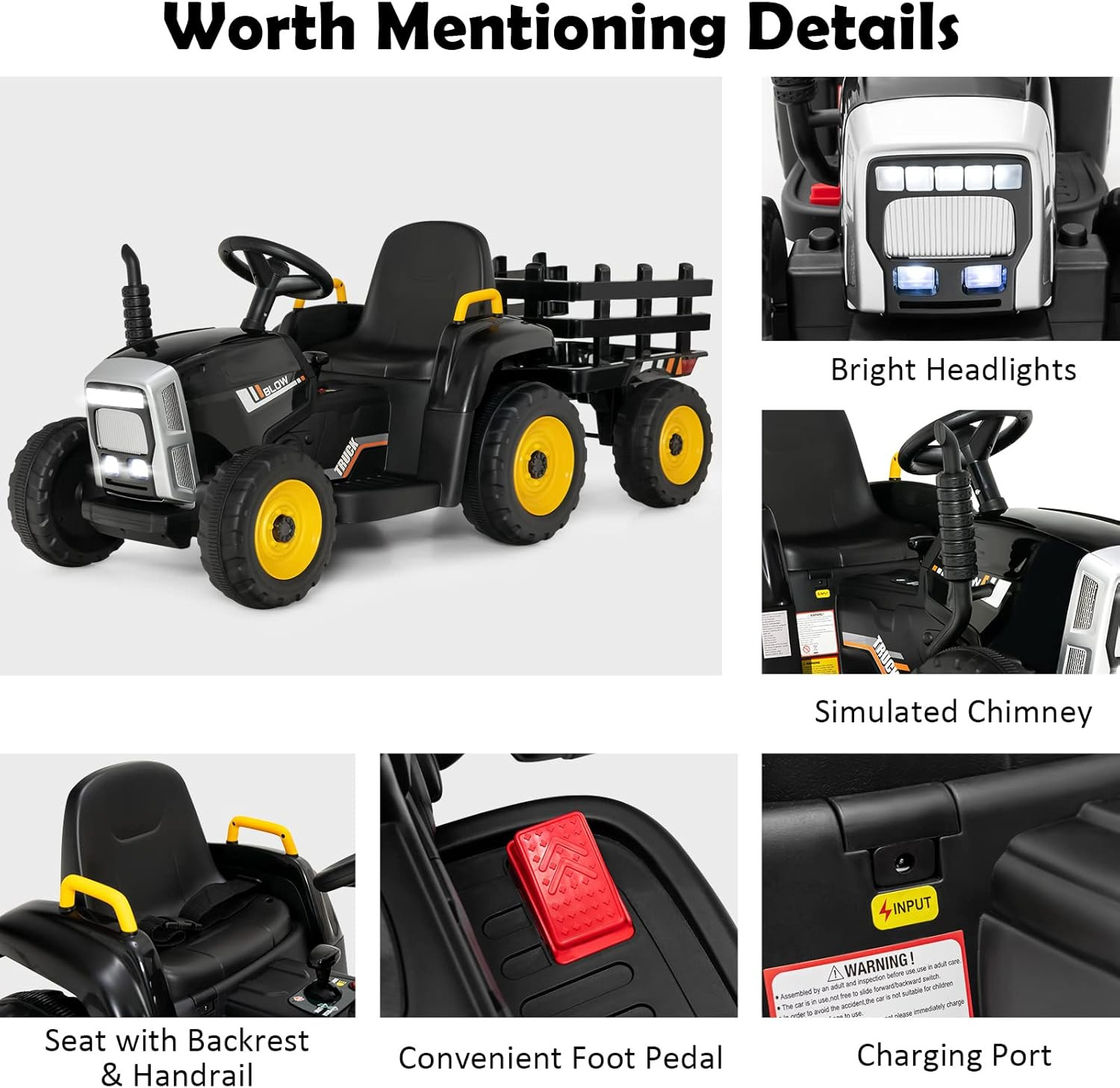Ride on Tractor with Trailer, 12V Electric Vehicle for Kids, 3-Gear-Shift Ground